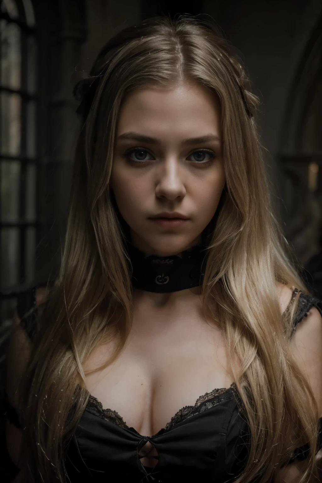 (best quality,8k,ultra-detailed,masterpiece:1.2),beautiful and aesthetic,hyperrealism,photography,portrait,beautiful girl, teenager, grey eyes, long blonde hair, sad expression, vampire, gothic castle.