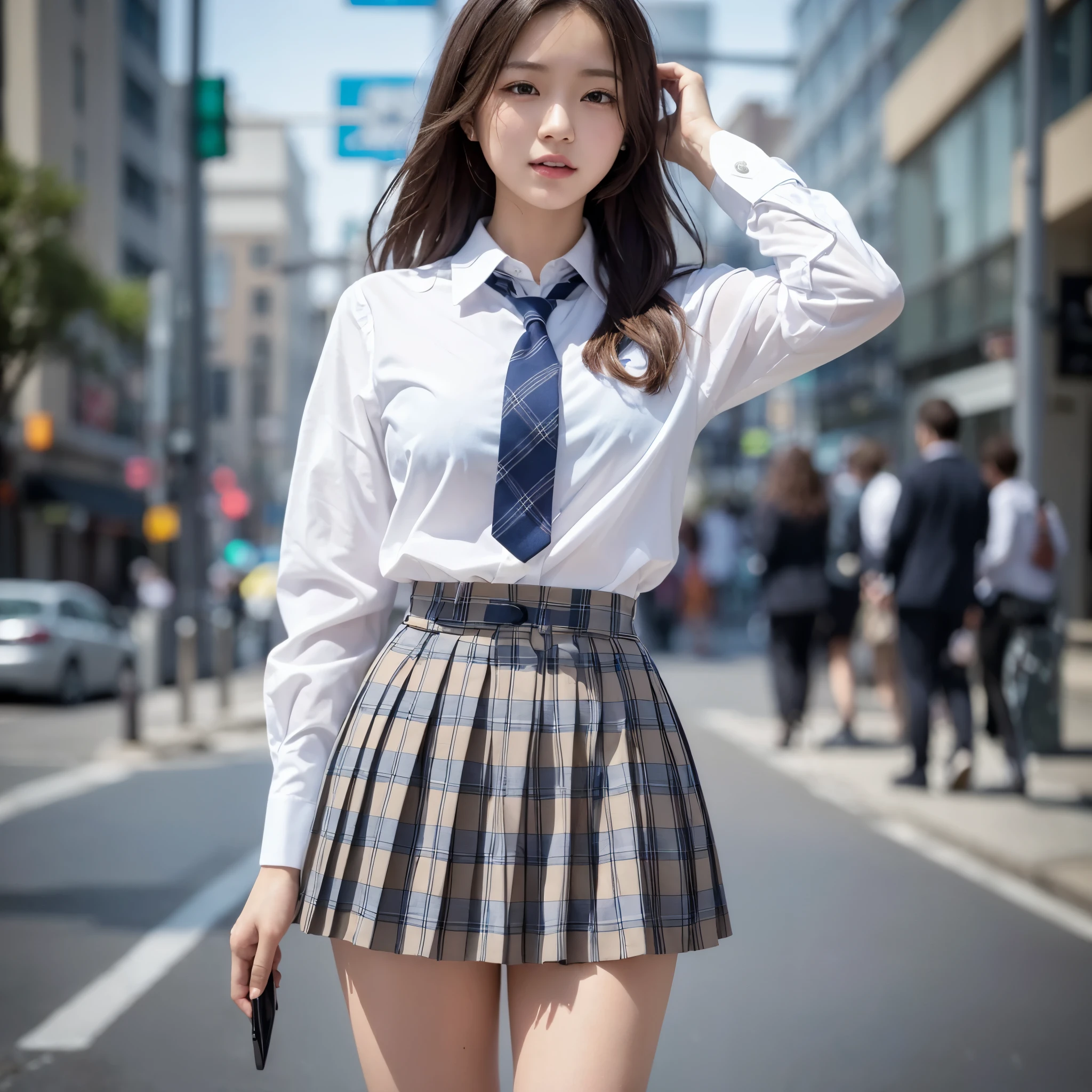masterpiece, highest quality, 8k, (((deserted street corner)))、cute、16 years old、girl、(uniform, white shirt, Dark blue plaid pleated skirt, tie:1.2), bewitching look、lure、Smile、(((medium hair)))、((brown hair))、real skin、thighs、D cup bust、((Sheer blue lingerie))、morning sunshine、telescope lens