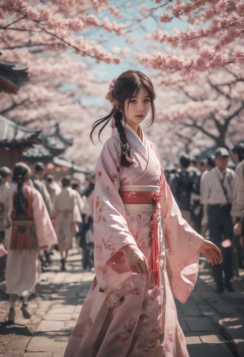 cinematic still, Sakura Maiden, girl, festival, noon, junoesque, masterful, 35mm photograph, emotional, harmonious, vignette, highly detailed, high budget, cinemascope, epic, gorgeous, best quality, masterpiece, Representative work, official art, Professional, Ultra intricate detailed, 8k