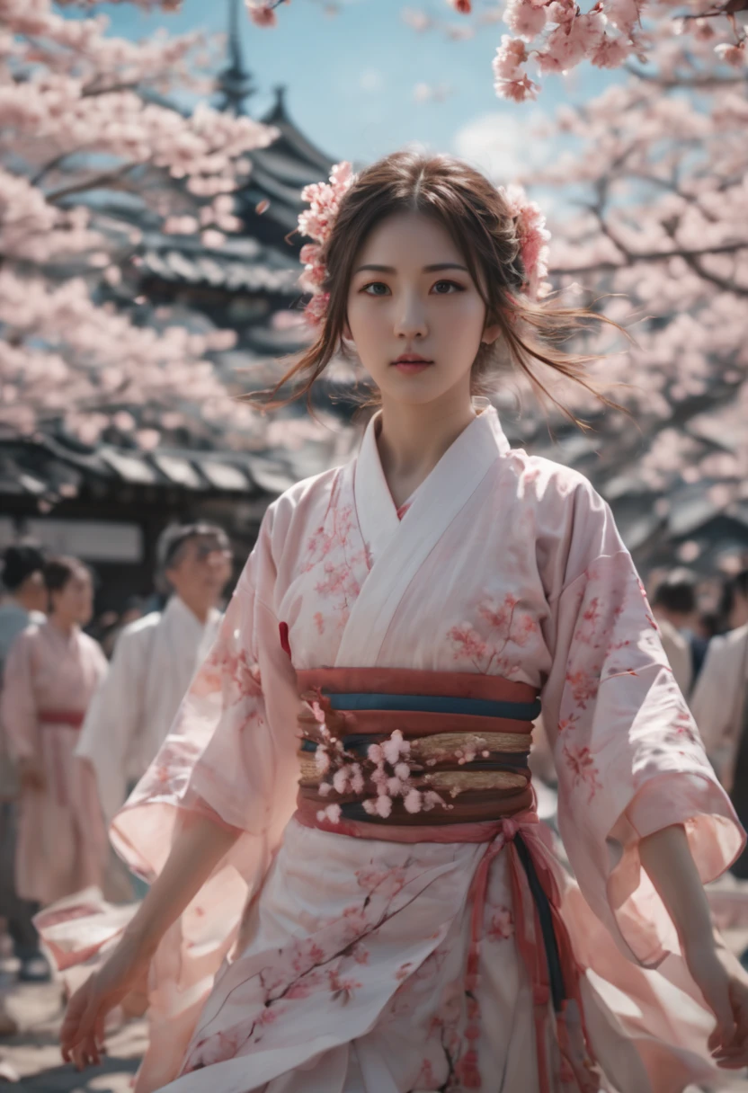 cinematic still, Sakura Maiden, girl, festival, noon, junoesque, masterful, 35mm photograph, emotional, harmonious, vignette, highly detailed, high budget, cinemascope, epic, gorgeous, best quality, masterpiece, Representative work, official art, Professional, Ultra intricate detailed, 8k