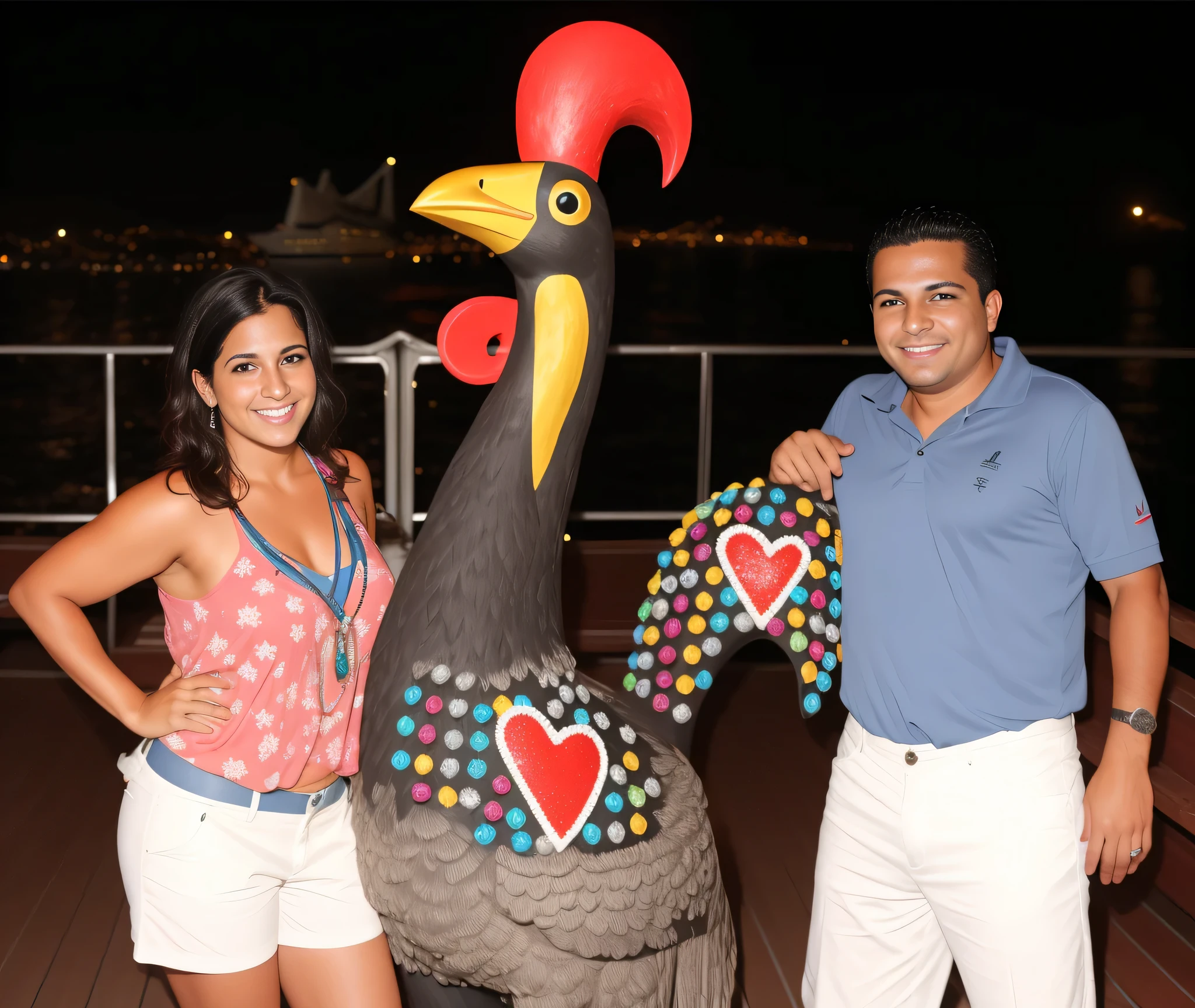 they are posing with a digitar statue on the deck of a cruise ship, foto 2010, digitar!!!!, frango antropomorfizado, 2010 foto, Festival, convencido, vacation photo, um de madeira, photo taken at night, homem-ganso, reina rocin, foto - tiro, Photographic Marketing, frango