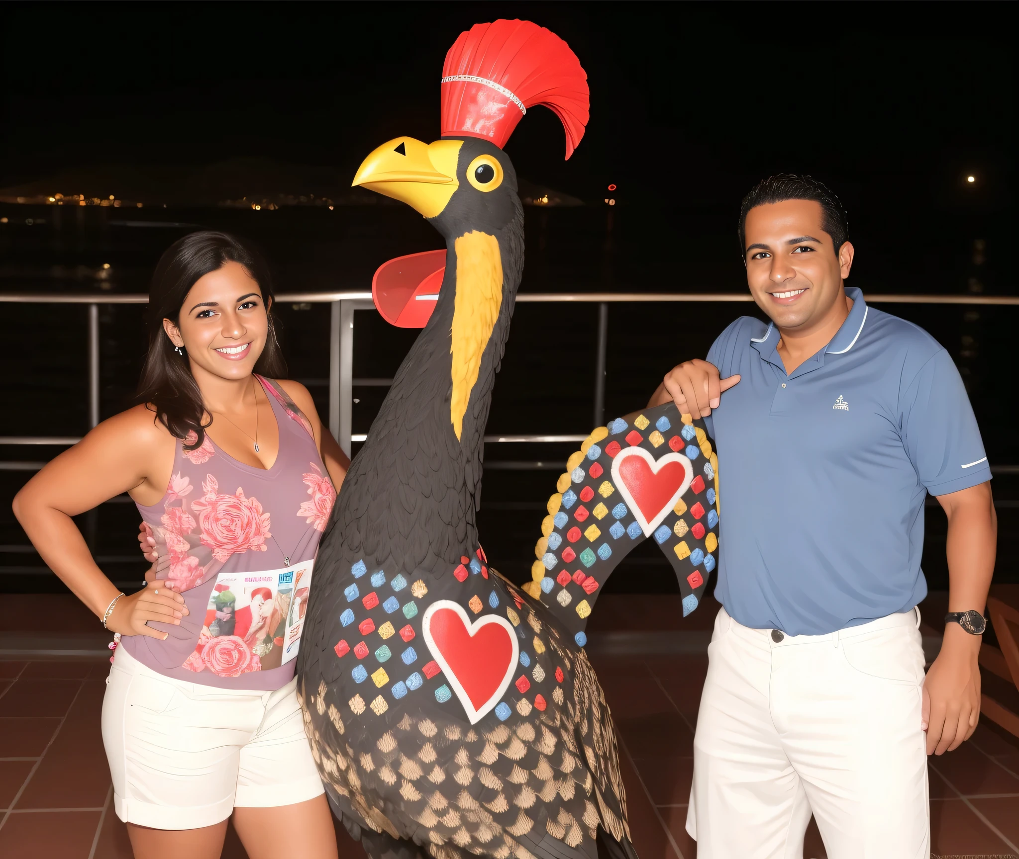 they are posing with a digitar statue on the deck of a cruise ship, foto 2010, digitar!!!!, frango antropomorfizado, 2010 foto, Festival, convencido, vacation photo, um de madeira, photo taken at night, homem-ganso, reina rocin, foto - tiro, Photographic Marketing, frango