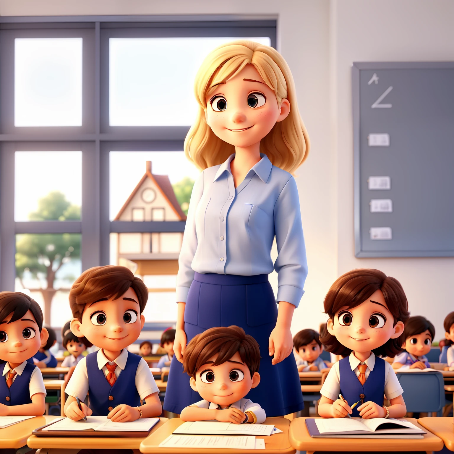Draw a white teacher with a kind and gentle expression, dressed in professional attire, lovingly taking care of two children from a wealthy family. The children, a boy and a girl with fair complexions, are seated at a table, engrossed in an educational activity, their smiling faces radiating curiosity and joy. The teacher's warm and nurturing demeanor is evident in the way she interacts with the children, making learning an enjoyable experience for them. The overall scene exudes a sense of warmth, comfort, and learning in the best possible environment.