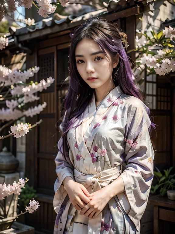 22 years old chinese girl. Long purple hair and tied. Wear a beautiful layered kimono. Elegant, calm and prosperous. Bring wagasa. Random pose. On the sakura tree where many sakura flowers falls down...