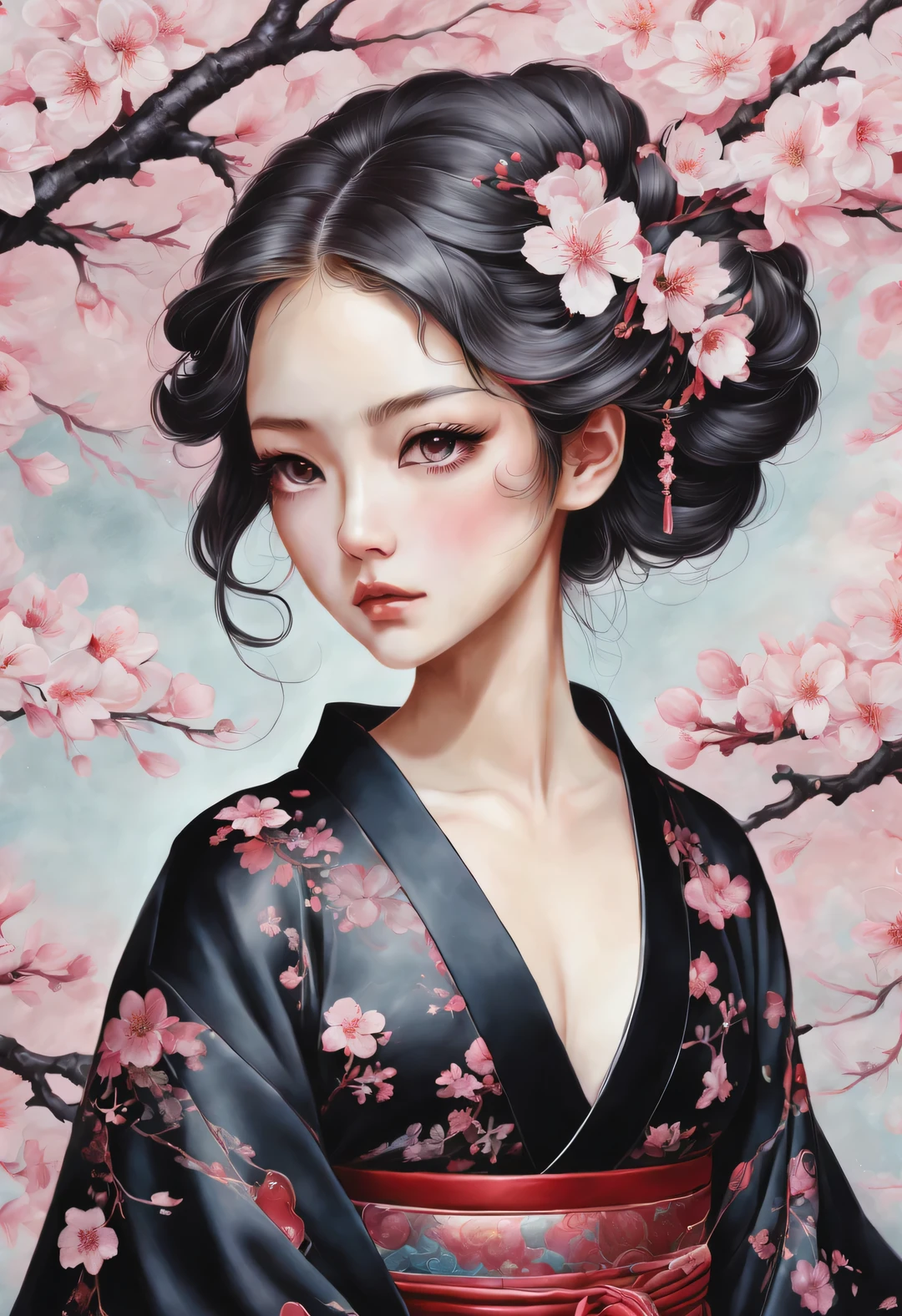 Sakura girl wearing black kimono,Adopt Miho Hirano、Becky Clongola Keys、button、letter'style,Sakura original painting,colorful melancholy,Gothic dark and gorgeous,scarlet,baroque portraiture,Extensive decoration,arabesque/reel