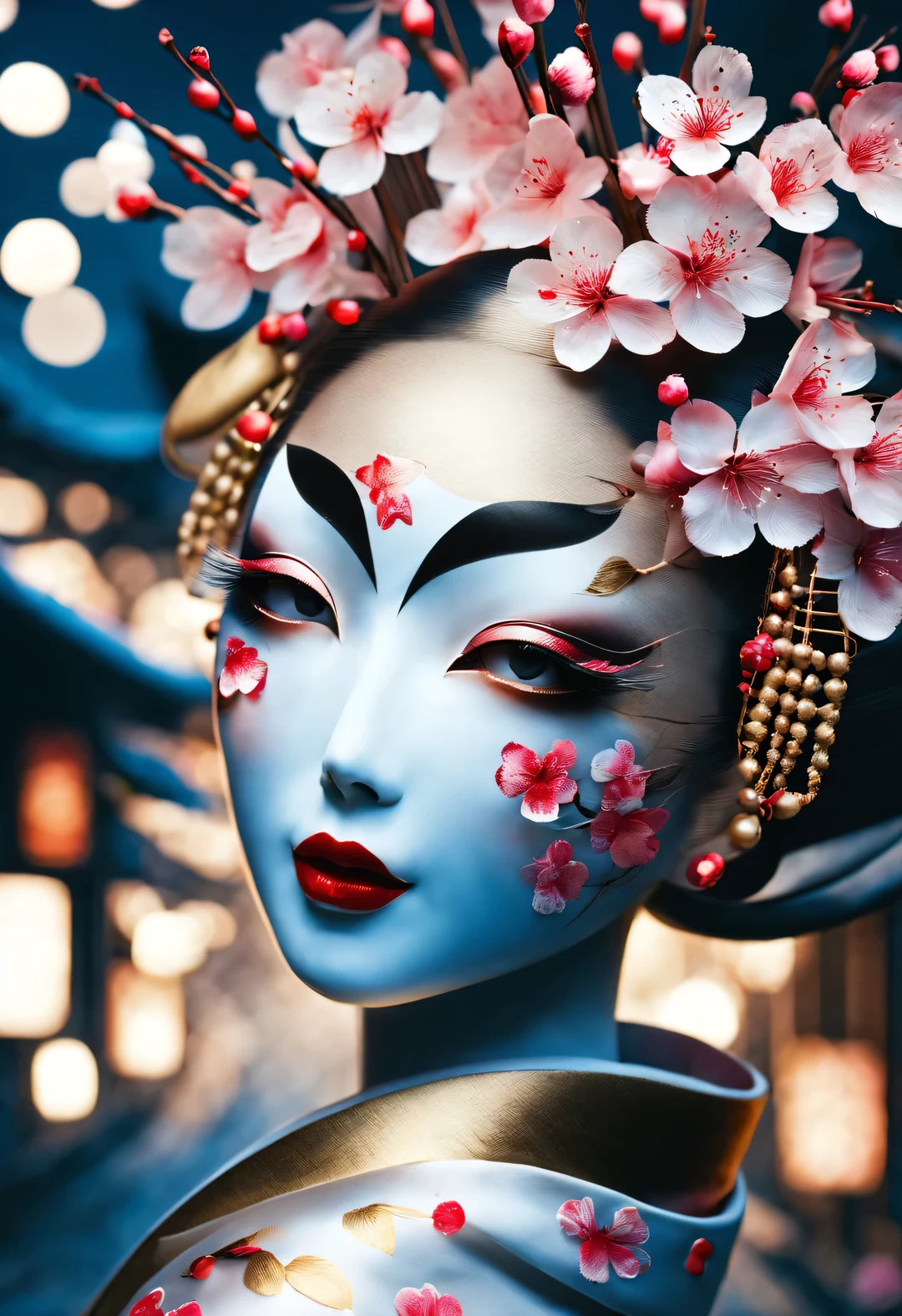 (Under white cherry blossoms，Geisha stands gracefully, Look back and smile: 0.85), (many, many white cherry blossom petals are falling one after another),
White base makeup on girl&#39;s face without any highlight or shadow decoration. All-white makeup covering face and neck. Red lip makeup is a small mouth that is smaller than the normal lip area. Thick eyeliner can emphasize the eye contour, Strengthen eyes, Pupils appear dark and deep. One-line eyebrows are eye-catching without being harsh, And the whole face is clean. Typical Japanese Geisha makeup,
(Wearing a gorgeous kimono embroidered with black and gold cherry blossoms: 0.8), Long-sleeved kimono, Wearing Japanese getas,
background: under the sunset, many red cherry blossom petals fall one after another, deep pink and blue,
Surrealism, Realistic depiction of light and shadow, Real and exaggerated photos, super high quality, Super detailed details, movie shot, shallow view deep,