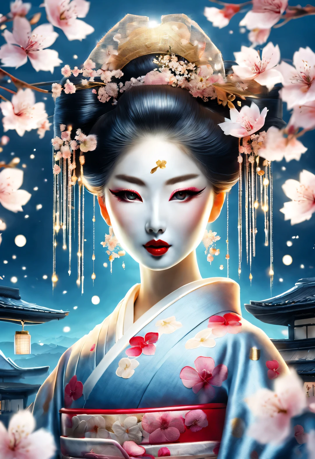(Under white cherry blossoms，Geisha stands gracefully, Look back and smile: 0.85), (many, many white cherry blossom petals are falling one after another),
White base makeup on girl&#39;s face without any highlight or shadow decoration. All-white makeup covering face and neck. Red lip makeup is a small mouth that is smaller than the normal lip area. Thick eyeliner can emphasize the eye contour, Strengthen eyes, Pupils appear dark and deep. One-line eyebrows are eye-catching without being harsh, And the whole face is clean. Typical Japanese Geisha makeup,
(Wearing a gorgeous kimono embroidered with black and gold cherry blossoms: 0.8), Long-sleeved kimono, Wearing Japanese getas,
background: under the sunset, many red cherry blossom petals fall one after another, deep pink and blue,
Surrealism, Realistic depiction of light and shadow, Real and exaggerated photos, super high quality, Super detailed details, movie shot, shallow view deep,