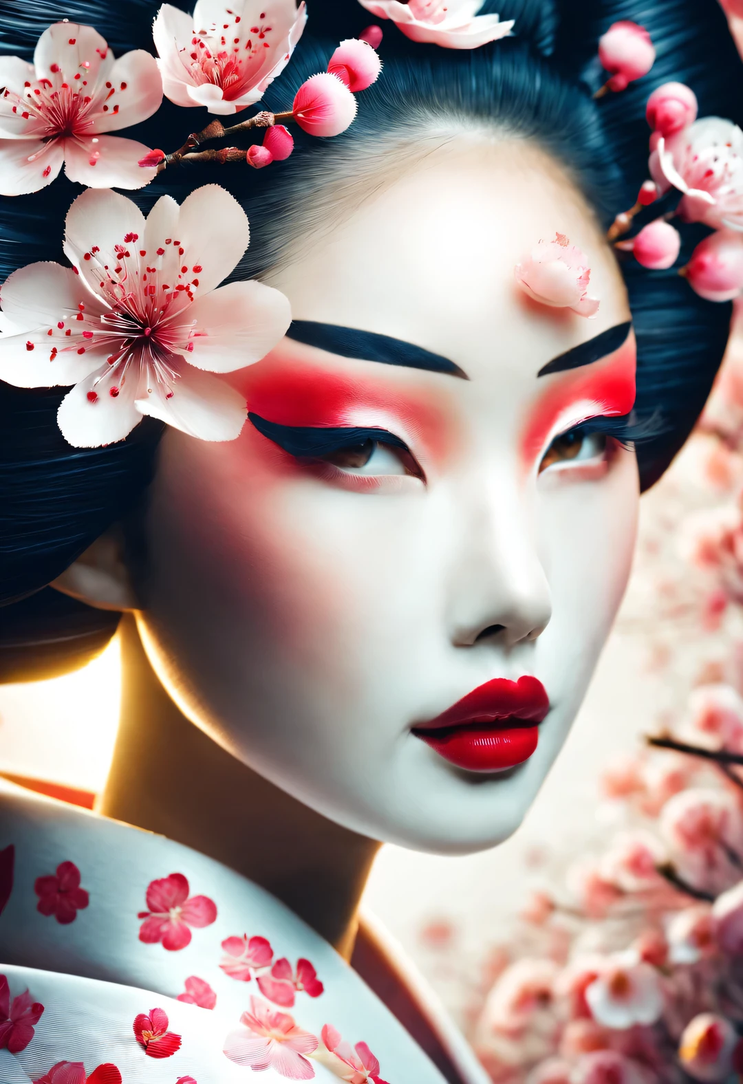 (Under white cherry blossoms，Geisha stands gracefully, Look back and smile: 0.85), (many, many white cherry blossom petals are falling one after another),
White base makeup on girl&#39;s face without any highlight or shadow decoration. All-white makeup covering face and neck. Red lip makeup is a small mouth that is smaller than the normal lip area. Thick eyeliner can emphasize the eye contour, Strengthen eyes, Pupils appear dark and deep. One-line eyebrows are eye-catching without being harsh, And the whole face is clean. Typical Japanese Geisha makeup,
(Wearing a gorgeous kimono embroidered with black and gold cherry blossoms: 0.8), Long-sleeved kimono, Wearing Japanese getas,
background: under the sunset, many red cherry blossom petals fall one after another, deep pink and blue,
Surrealism, Realistic depiction of light and shadow, Real and exaggerated photos, super high quality, Super detailed details, movie shot, shallow view deep,