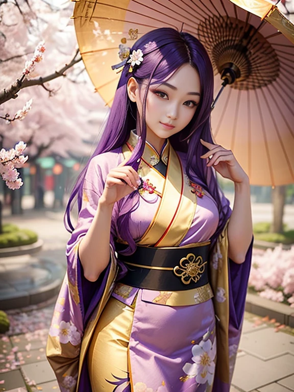 22 years old chinese girl. Long purple hair and tied. Wear a beautiful layered gold long glamour kimono. Elegant, calm and prosperous. Bring umbrella and use it. Random pose. On the sakura tree where many sakura flowers falls down...