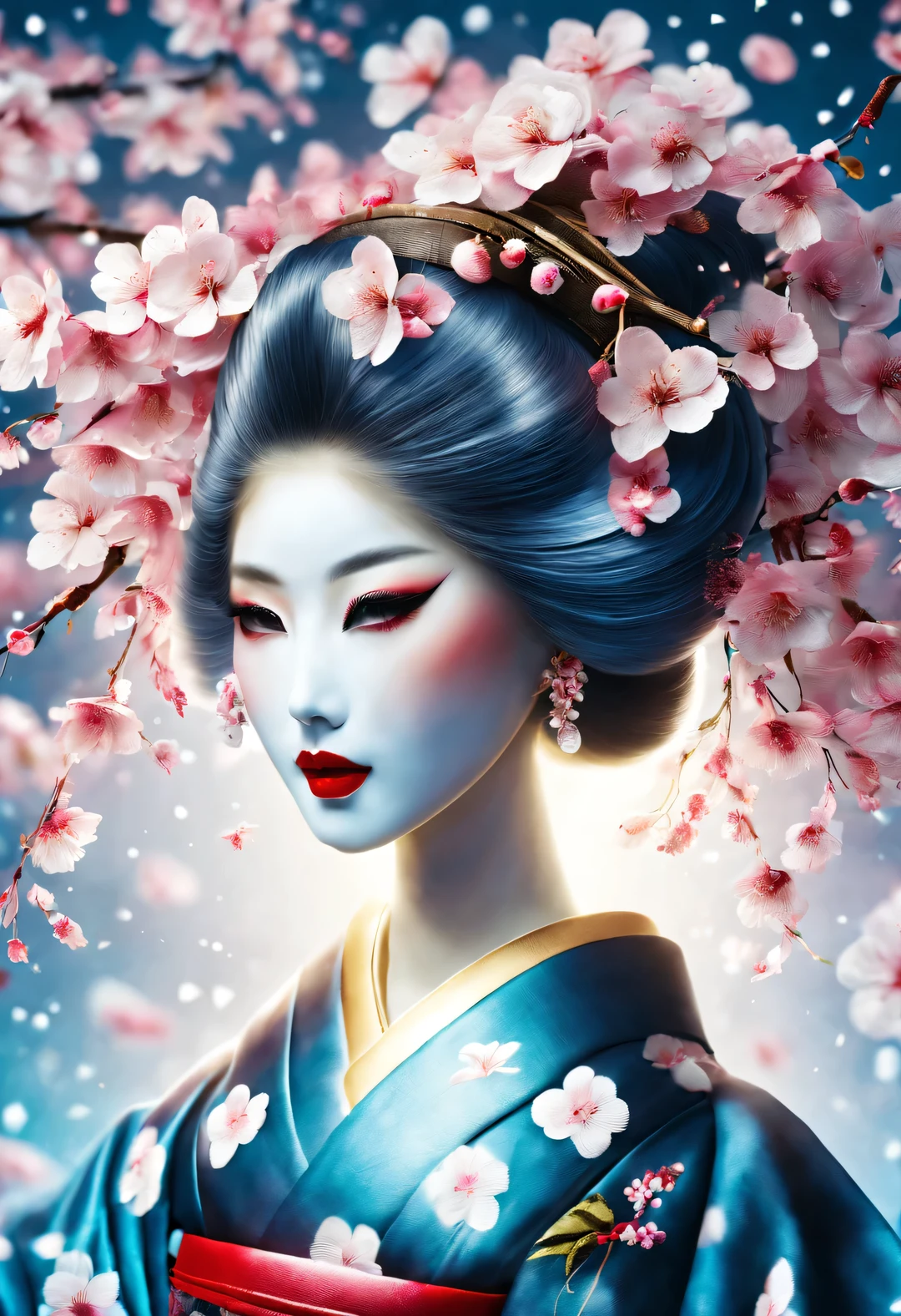(Under white cherry blossoms，Geisha stands gracefully, Look back and smile: 0.85), (many, many white cherry blossom petals are falling one after another),
White base makeup on girl&#39;s face without any highlight or shadow decoration. All-white makeup covering face and neck. Red lip makeup is a small mouth that is smaller than the normal lip area. Thick eyeliner can emphasize the eye contour, Strengthen eyes, Pupils appear dark and deep. One-line eyebrows are eye-catching without being harsh, And the whole face is clean. Typical Japanese Geisha makeup,
(Wearing a gorgeous kimono embroidered with black and gold cherry blossoms: 0.8), Long-sleeved kimono, Wearing Japanese getas,
background: under the sunset, many red cherry blossom petals fall one after another, deep pink and blue,
Surrealism, Realistic depiction of light and shadow, Real and exaggerated photos, super high quality, Super detailed details, movie shot, shallow view deep,
