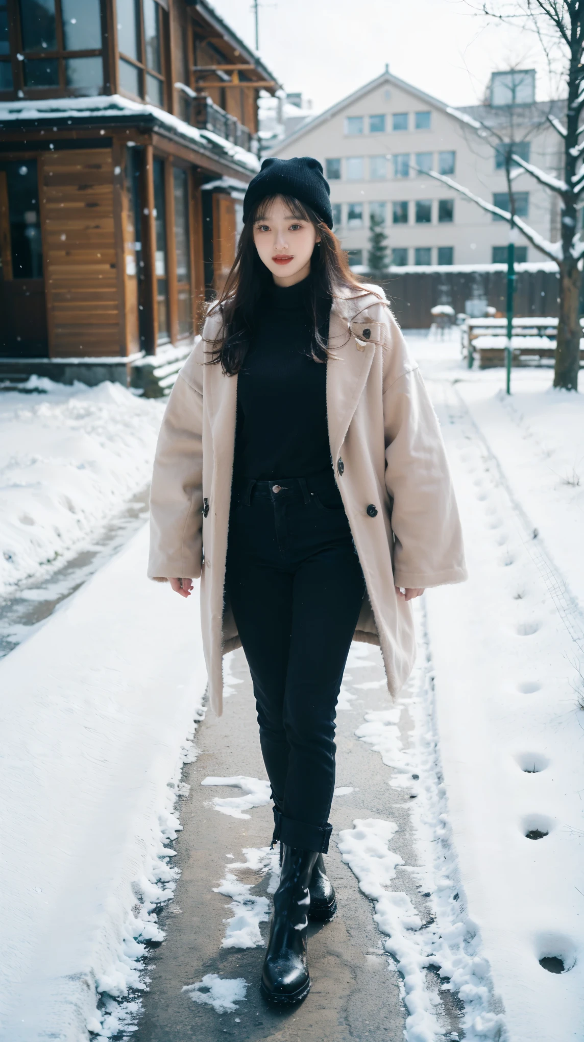 A girl dressed in a form-fitting black long down jacket with tight black jeans, standing on a street in winter, with a modern architectural background or a snowy landscape, high-definition image, high-quality photo, stylish winter apparel, clear details, cold atmosphere, realistic portrayal.black boots，Cotton cap，Pink shawl long hair，red lips，toothy smile。