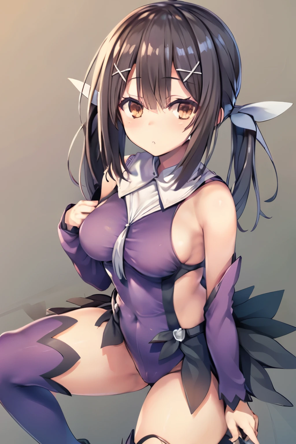 ((masterpiece:1.4, best quality)),(miyu:1.2),1girl,brown eyes,(:1.4),plump thighs,simple background,Highest image quality,masterpiece