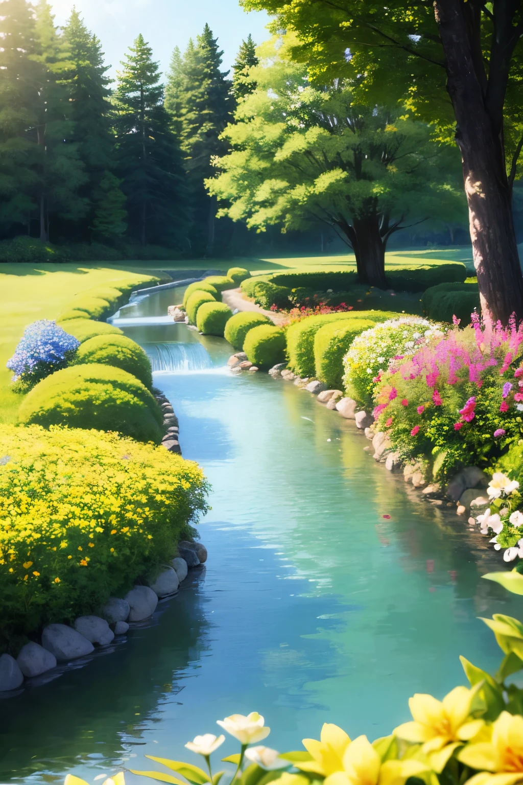 Envision a serene landscape with rolling hills bathed in the warm glow of a setting sun. In the foreground, a winding stream meanders through lush meadows dotted with wildflowers. Capture the interplay of light and shadow, the rich textures of the grass, and the vibrant colors of the blooms. Use bold brushstrokes to convey the energy of the scene, and let the paint drip and blend to create a sense of movement and depth. Craft a composition that invites the viewer to linger and lose themselves in the tranquil beauty of nature.
