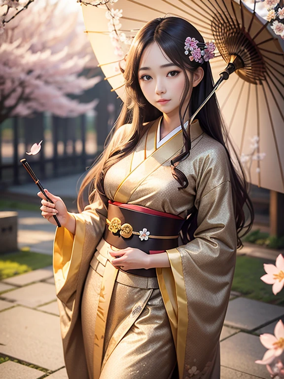 22 years old japanese girl. Long brown hair and tied beautifully. Grey eyes. Photo realistic. Wear a beautiful layered gold long glamour kimono. Elegant, calm and prosperous. Random pose with umbrella and sakura flowers. On the sakura tree where many sakura flowers falls down...