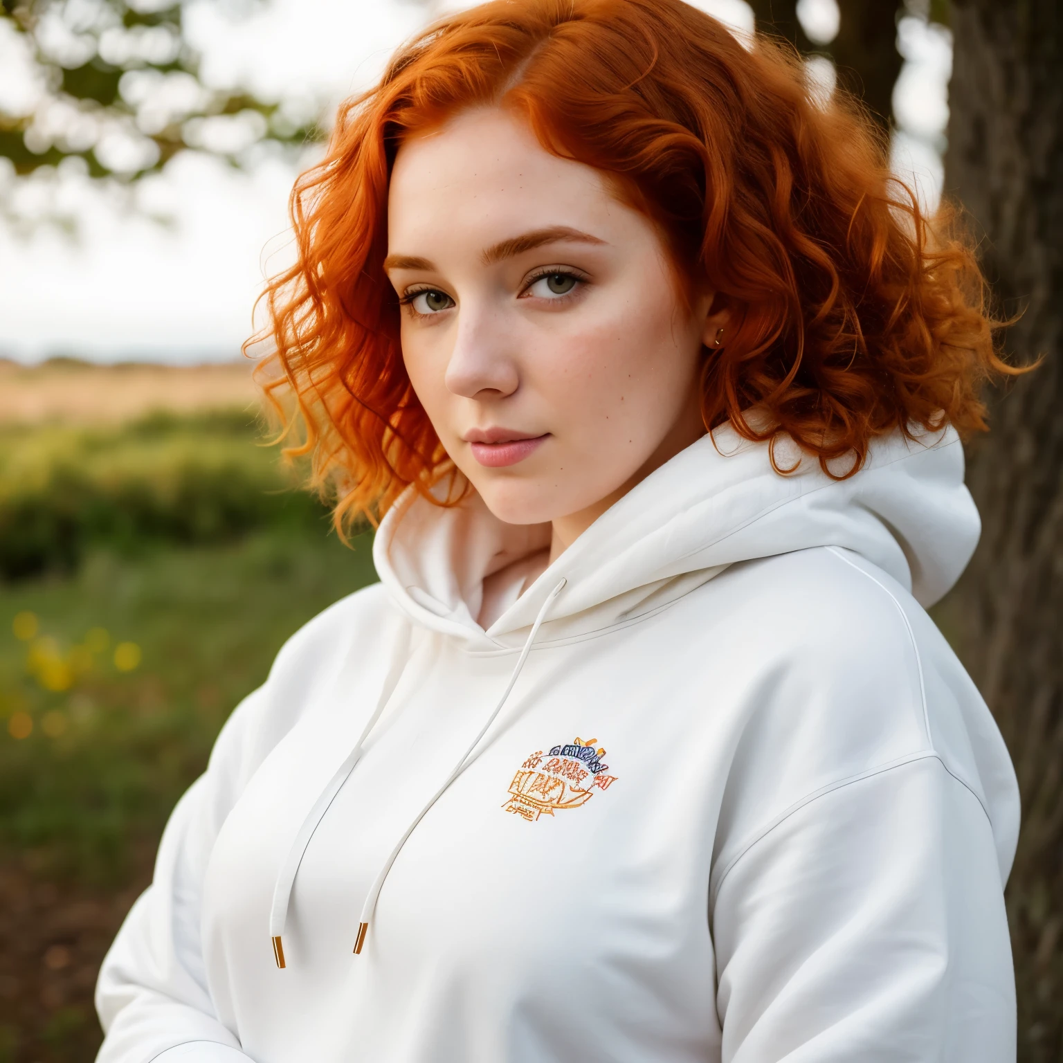 woman, pawg, redhead hair, curly hair, pale skin, white skin, with sweatshirt, realistic