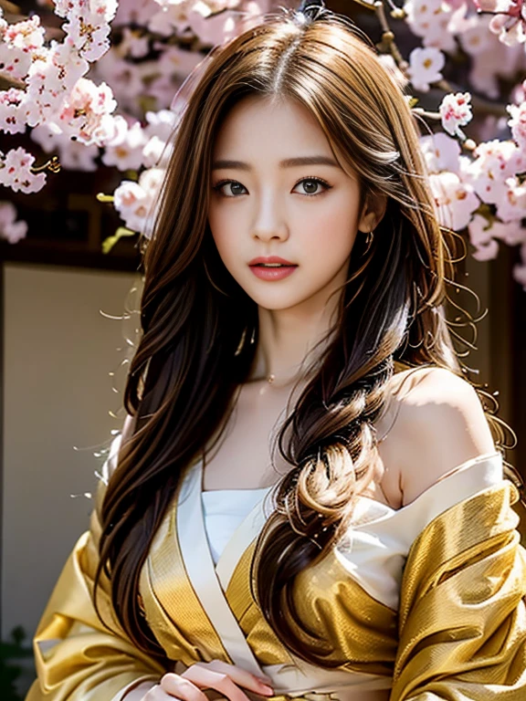 22 years old japanese girl. Long brown hair and tied beautifully. Grey eyes. Photo realistic. Wear a beautiful layered gold long  glamour kimono. Elegant, calm and prosperous. Random pose with umbrella and sakura flowers. On the sakura tree where many sakura flowers falls down... 