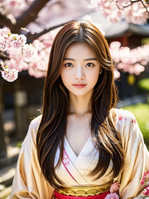 22 years old japanese girl. Long brown hair and tied beautifully. Grey eyes. Photo realistic. Wear a beautiful layered gold long  glamour kimono. Elegant, calm and prosperous. Random pose with umbrella and sakura flowers. On the sakura tree where many sakura flowers falls down... 