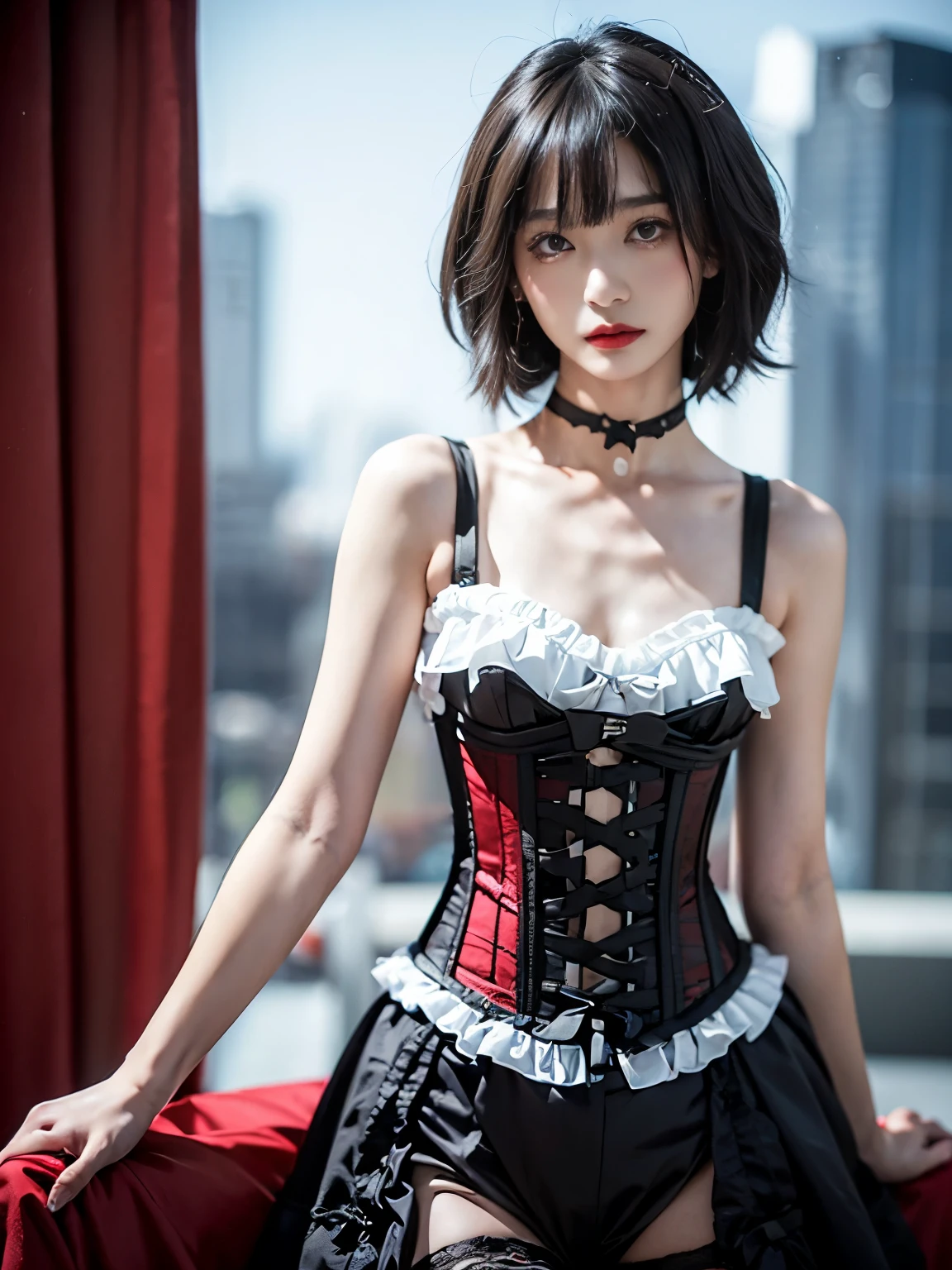 raw photo, 8k, (top-quality), Realistic, (real picture, Intricate details), (natural skin texture, detailed skin, hyper realism, sharpness), (((corset dress with black and red, gothic decorative corset))), (((flat chest:1.5))), (pale skin:1.4), (Japanese girl standing in luxury hotel at night, Suite Room), ((shorthair, blunt bangs)), (provocative look, Parted lips:1.3, eye shadow, eyeliner, tear bag:1.3, red lips), thighs, night time, big window, night view, spot lighting:1.3