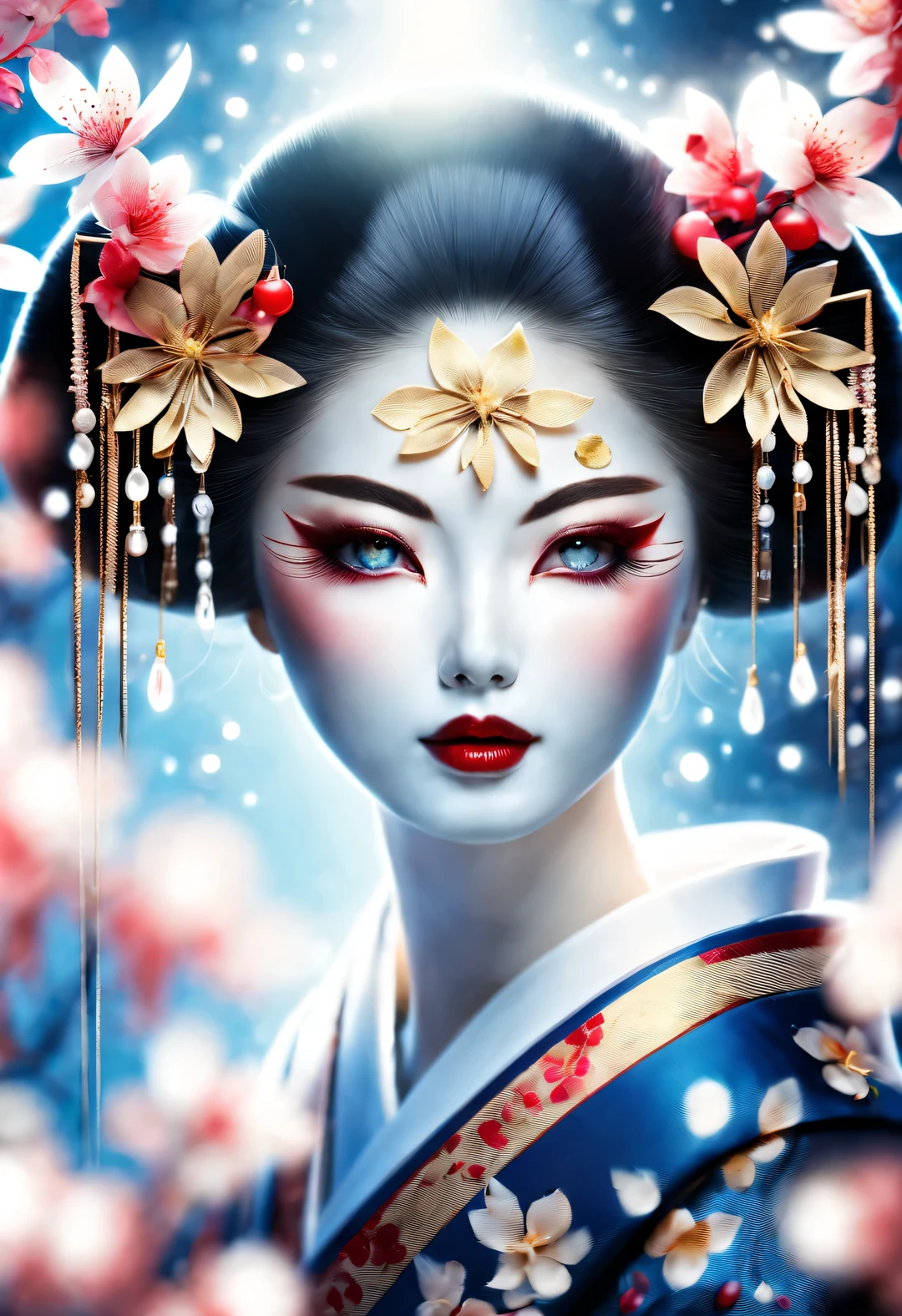 (Under white cherry blossoms，Geisha stands gracefully, Look back and smile: 0.85), (many, many white cherry blossom petals are falling one after another),
White base makeup on girl&#39;s face without any highlight or shadow decoration. All-white makeup covering face and neck. Red lip makeup is a small mouth that is smaller than the normal lip area. Thick eyeliner can emphasize the eye contour, Strengthen eyes, Pupils appear dark and deep. One-line eyebrows are eye-catching without being harsh, And the whole face is clean. Typical Japanese Geisha makeup,
(Wearing a gorgeous kimono embroidered with black and gold cherry blossoms: 0.8), Long-sleeved kimono, Wearing Japanese getas,
background: under the sunset, many red cherry blossom petals fall one after another, deep pink and blue,
Surrealism, Realistic depiction of light and shadow, Real and exaggerated photos, super high quality, Super detailed details, movie shot, shallow view deep,