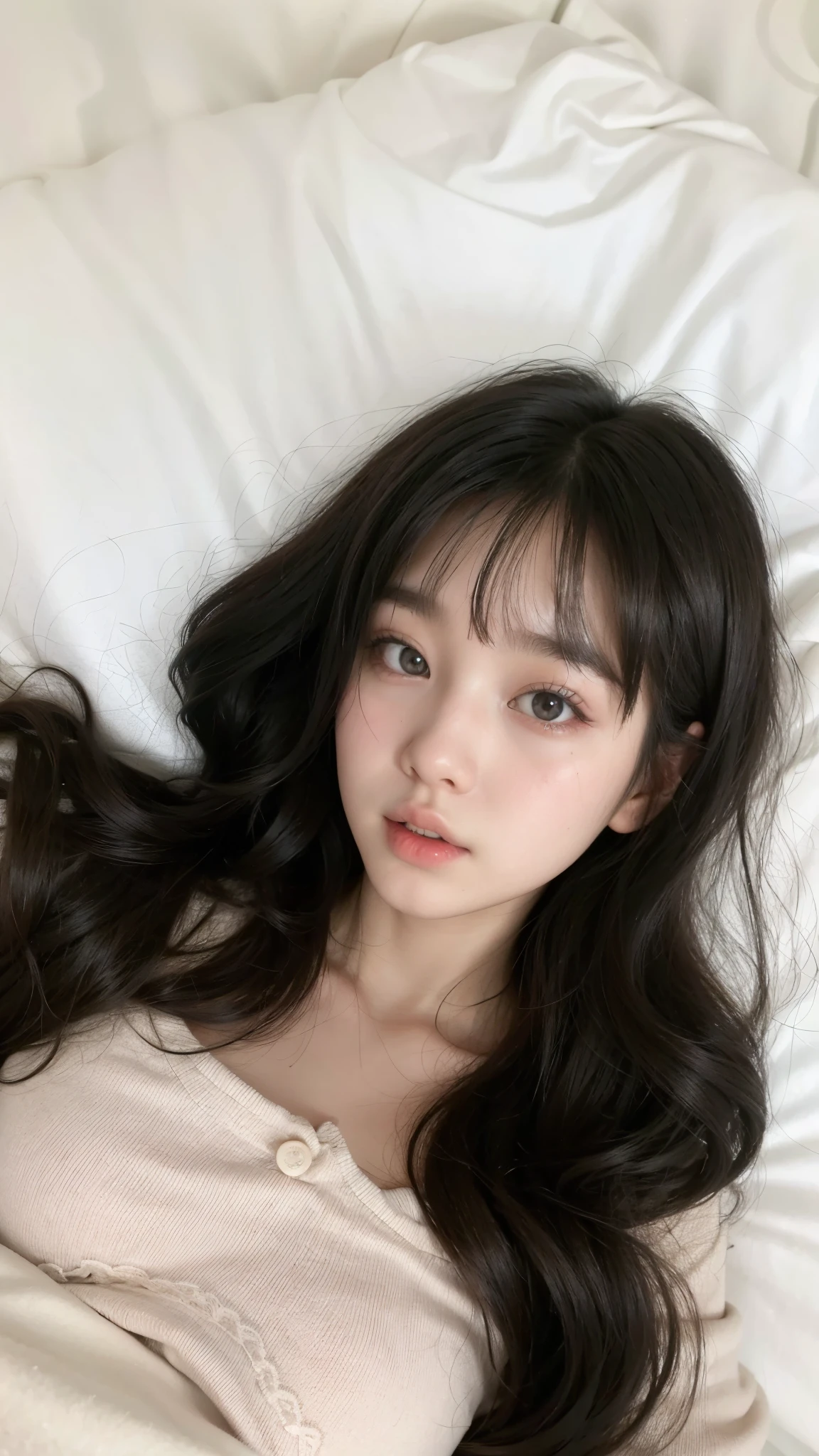 araffe asian woman laying in bed with long black hair, ulzzang, young adorable korean face, korean girl, korean face features, beautiful young korean woman, wan adorable korean face, girl cute-fine-face, beautiful south korean woman, young cute wan asian face, gorgeous young korean woman, fluffy bangs, popular south korean makeup, black hime cut hair, wonyoung of ive, wonyoung, ive wonyoung, wonyoung