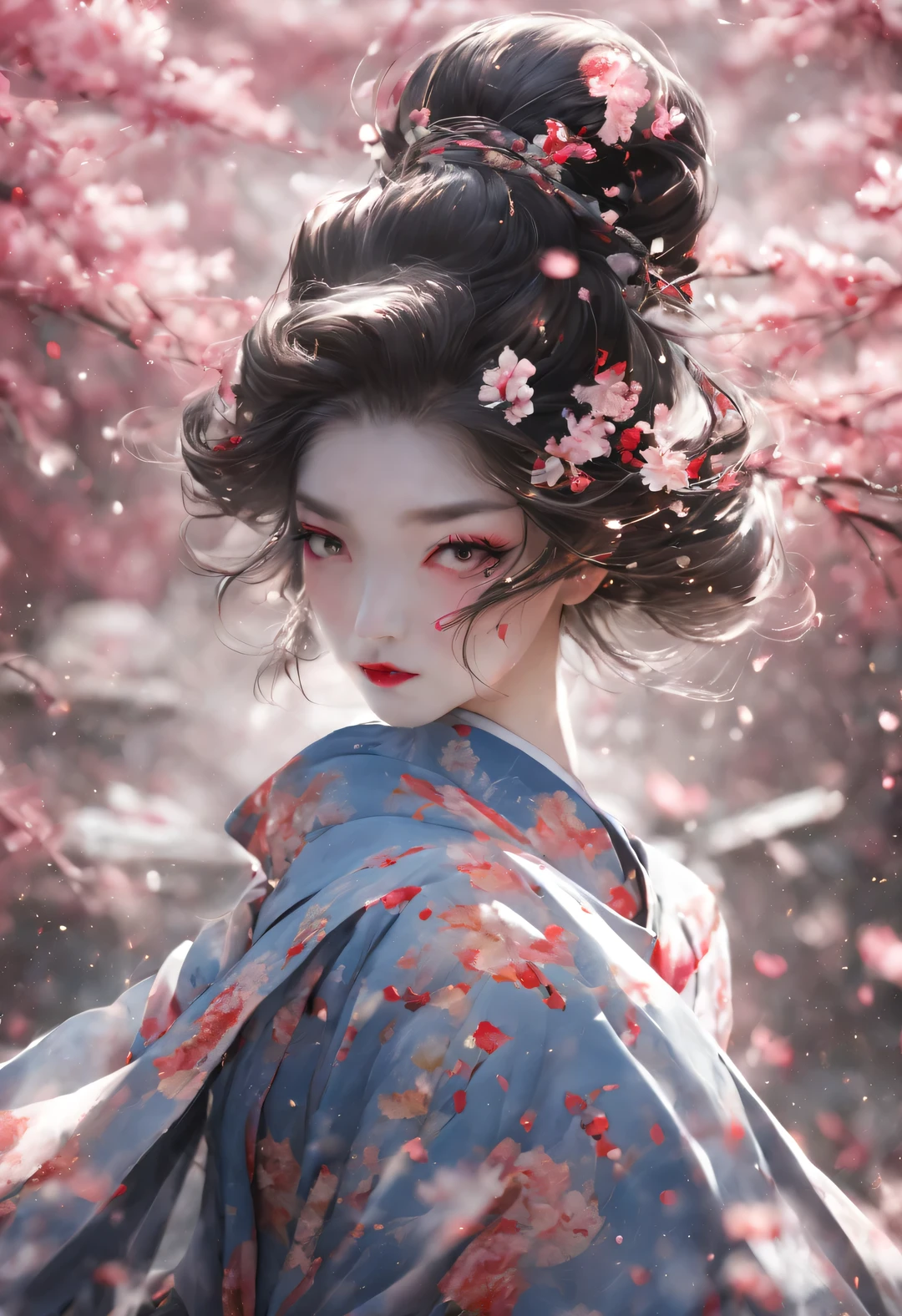 Geisha stands gracefully under the cherry blossoms, Red cherry blossom petals fall one after another,
White makeup on a girl’s face without highlights and shadows. The entire white foundation covers the face and neck. Red lip makeup is a small mouth area that is smaller than normal lips. Thick eyeliner can highlight the outline of the eyes, Strengthen eyes, And make the pupils appear dark and deep. Straight eyebrows are eye-catching but not stiff, Make the whole face clean. Typical Japanese Geisha makeup,
Wearing a gorgeous kimono embroidered with black and gold cherry blossoms, This is a long-sleeved kimono, Wearing Japanese clogs,
background: Deep alley under moonlight, deep pink and blue,
Surrealism, Realistic depiction of light and shadow, Real and exaggerated photos, super high quality, Super details, movie shot, shallow view deep,