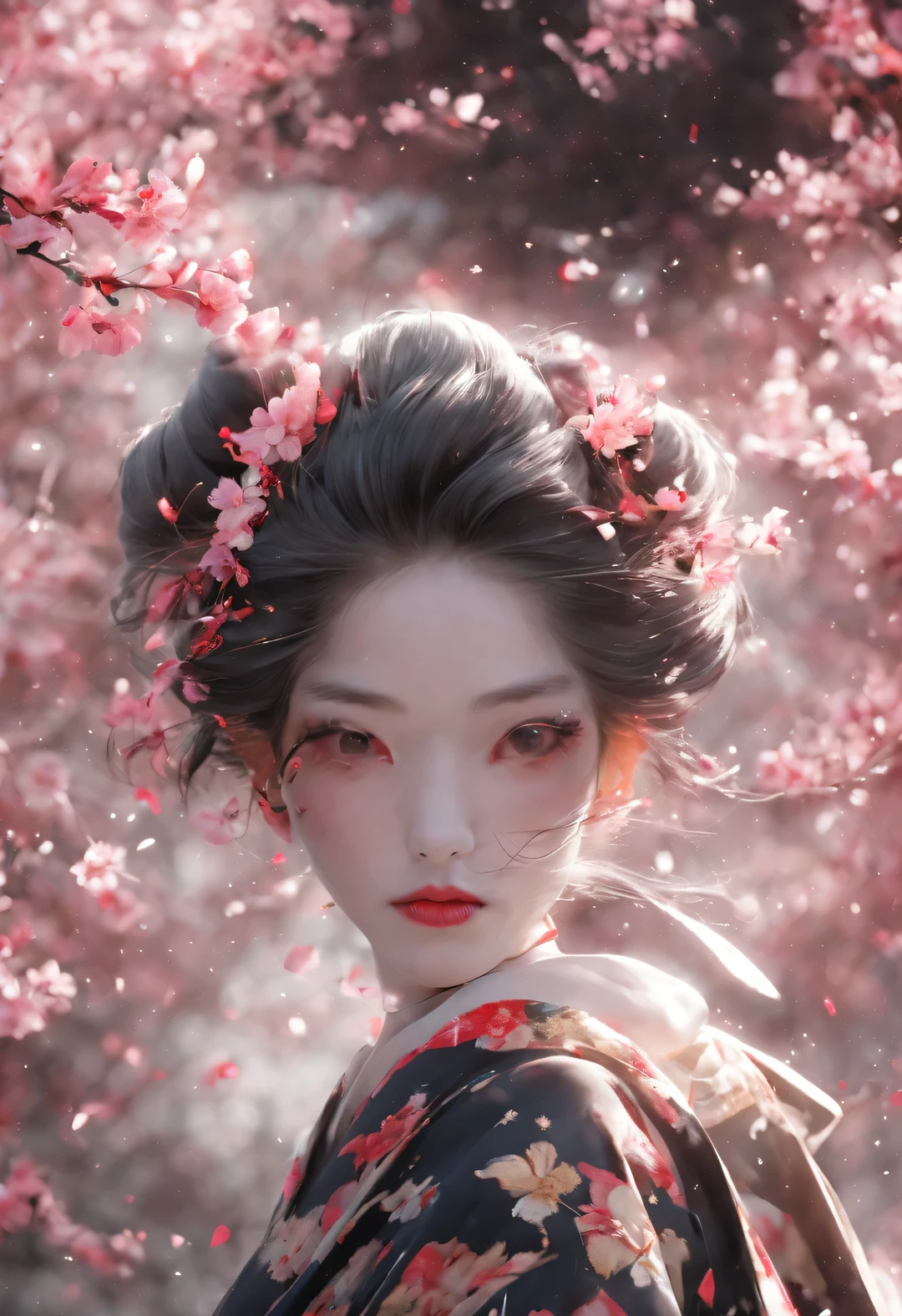 Geisha stands gracefully under the cherry blossoms, Red cherry blossom petals fall one after another,
White makeup on a girl’s face without highlights and shadows. The entire white foundation covers the face and neck. Red lip makeup is a small mouth area that is smaller than normal lips. Thick eyeliner can highlight the outline of the eyes, Strengthen eyes, And make the pupils appear dark and deep. Straight eyebrows are eye-catching but not stiff, Make the whole face clean. Typical Japanese Geisha makeup,
Wearing a gorgeous kimono embroidered with black and gold cherry blossoms, This is a long-sleeved kimono, Wearing Japanese clogs,
background: Deep alley under moonlight, deep pink and blue,
Surrealism, Realistic depiction of light and shadow, Real and exaggerated photos, super high quality, Super details, movie shot, shallow view deep,