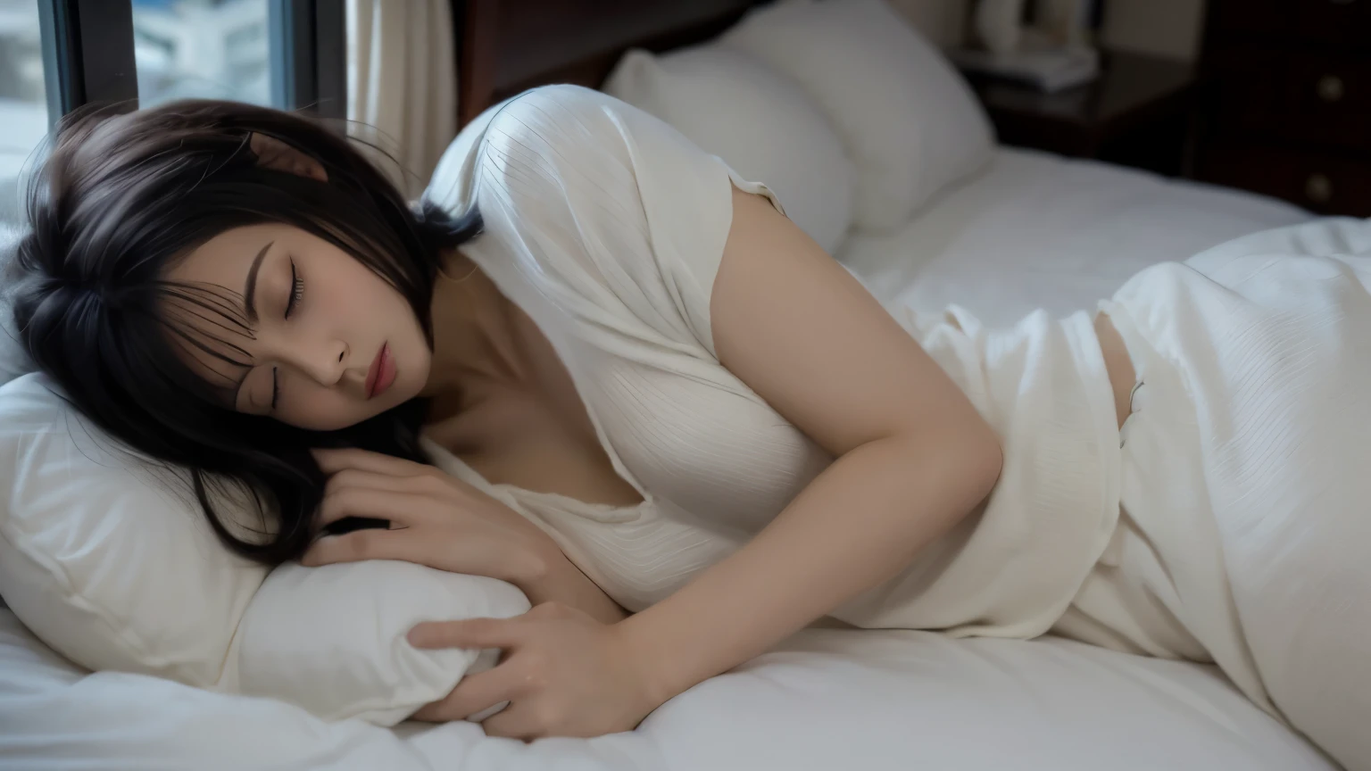 Masterpiece Best Night３６Two women、very short hair with brown hair、Sleeping in a hotel bed、Very large breasts、Both of them were sleeping naked.、Cute sleeping face、A man took a photo with an iPhone 15、Calm and intelligent three-band gray eyes , Sleeping face only image、 Hand Detail, Finger details,