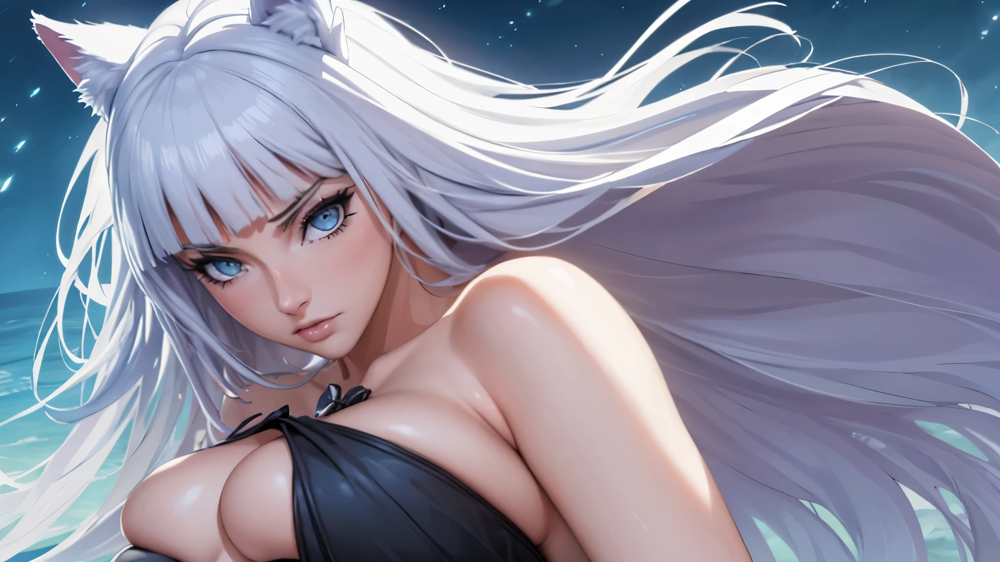 (high quality:1.2),sexy girl-cat with ears and tail dancing on a moonlit ocean coastline (bathed in moonlight), one leg lifted high (like a ballerina), top model figure, hair blowing in the wind, (realistic:1.37), detailed eyes, detailed lips, detailed face, long eyelashes, (HDR,UHD), studio lighting, ultra-fine painting, sharp focus, physically-based rendering, extreme detail description, professional, vivid colors, bokeh, (illustration:1.1), (portrait:1.1), (night:0.9), (ocean:0.9), (dance:0.9), (sensual), (elegant), (graceful), (surreal), (romantic), (mysterious), (euphoric), (magical), (ethereal), (dreamlike), (mesmerizing), (enchanting), (alluring), (captivating), (intriguing), (fascinating), (unforgettable), (evocative), (stunning), (masterpiece:1.2).
