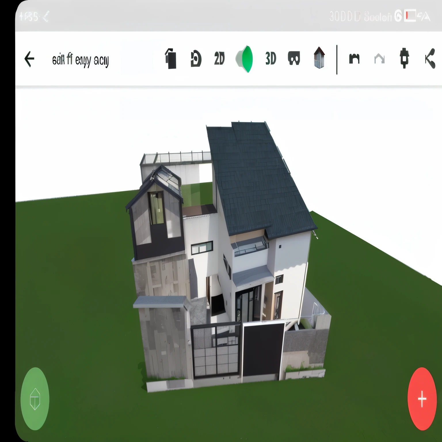 a close up of a house with a green roof and a red button, vue 3d render, autodesk solidowkrs visualize, 3 d perspective, 2 d overhead view, zoomed out view, sketch - up, 3d rendering, 3 d rendering, 3d product, 3d rendering!, 3 d rendering!, complete house, 3d design, 3 d design