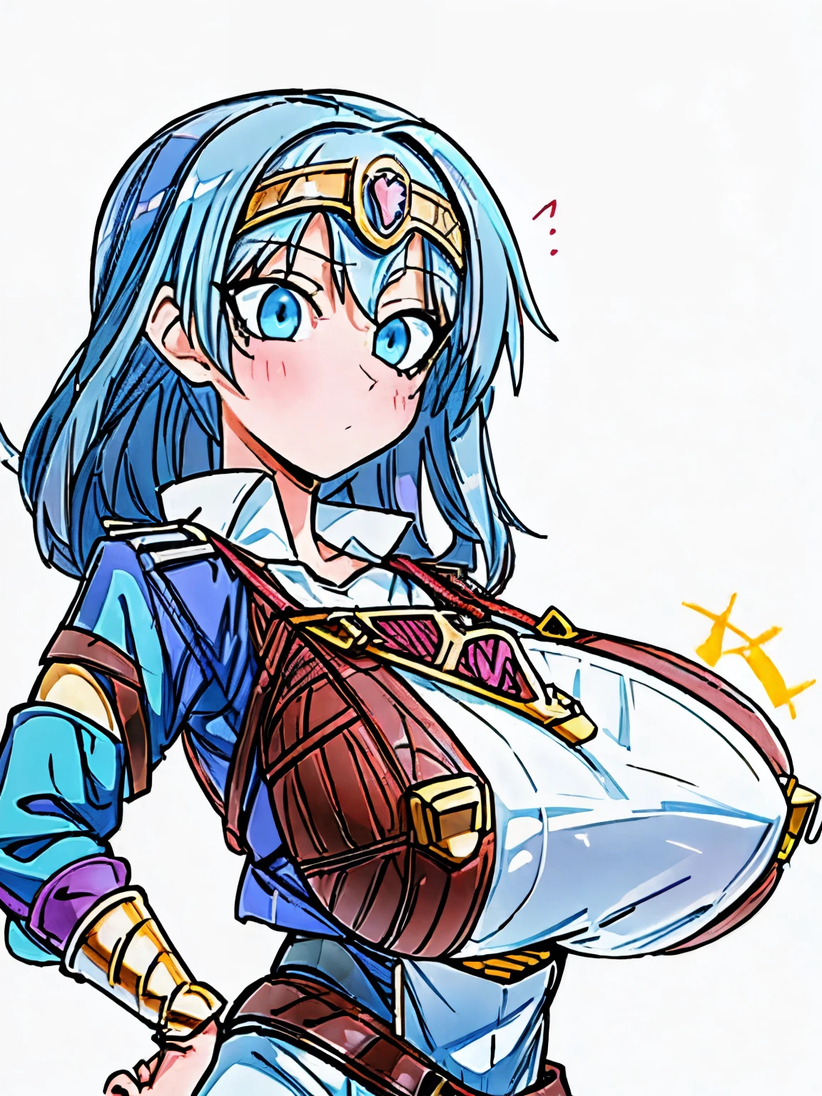(pondering girl), (huge tits:1.2), (adventurer outfit:1.5), (white background), (jojo posing:1.2)