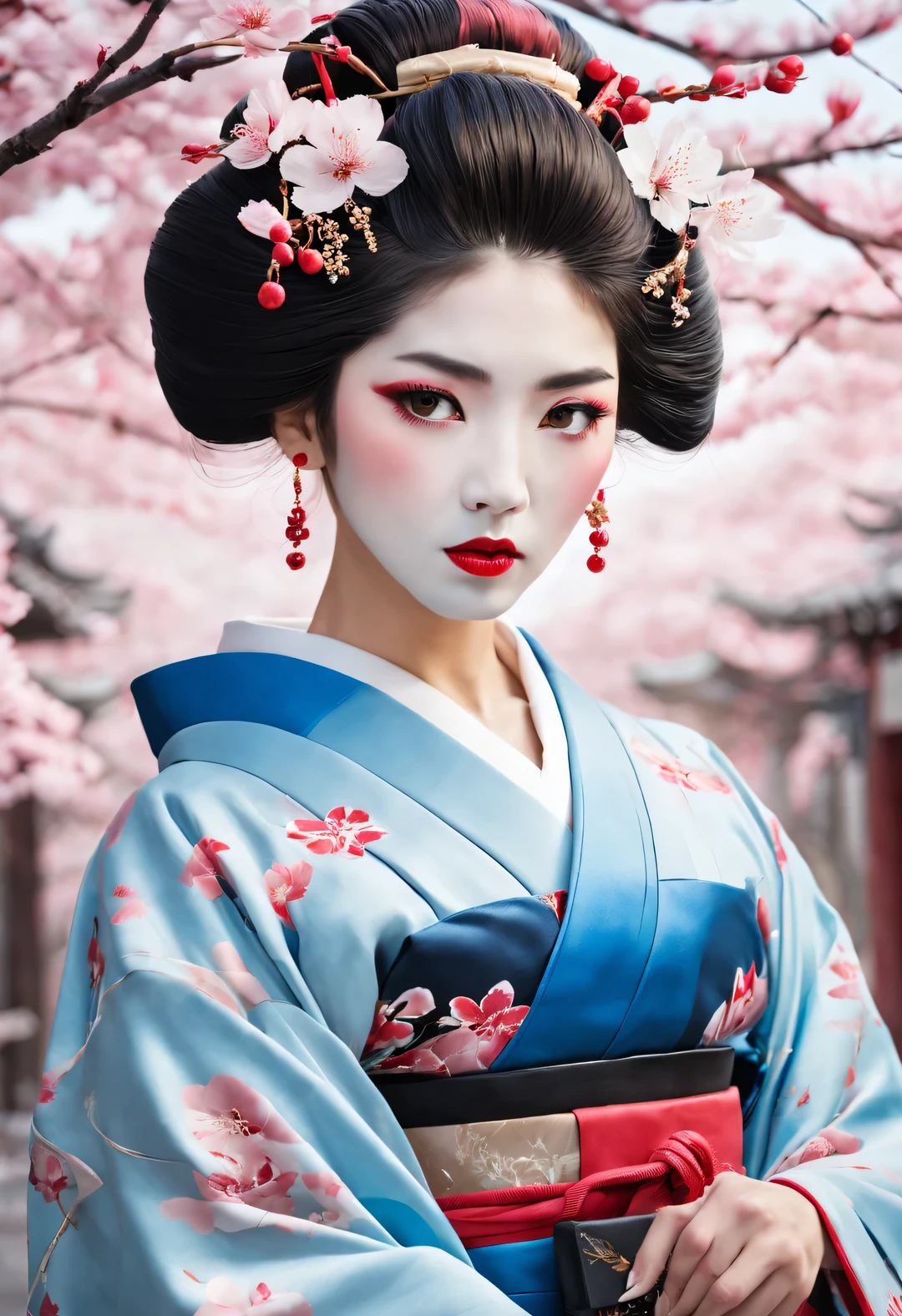 Geisha stands gracefully under the cherry blossoms, Red cherry blossom petals fall one after another,
White makeup on a girl’s face without highlights and shadows. The entire white foundation covers the face and neck. Red lip makeup is a small mouth area that is smaller than normal lips. Thick eyeliner can highlight the outline of the eyes, Strengthen eyes, And make the pupils appear dark and deep. Straight eyebrows are eye-catching but not stiff, Make the whole face clean. Typical Japanese Geisha makeup,
Wearing a gorgeous kimono embroidered with black and gold cherry blossoms, This is a long-sleeved kimono, Wearing Japanese clogs,
background: Deep alley under moonlight, deep pink and blue,
Surrealism, Realistic depiction of light and shadow, Real and exaggerated photos, super high quality, Super details, movie shot, shallow view deep,
