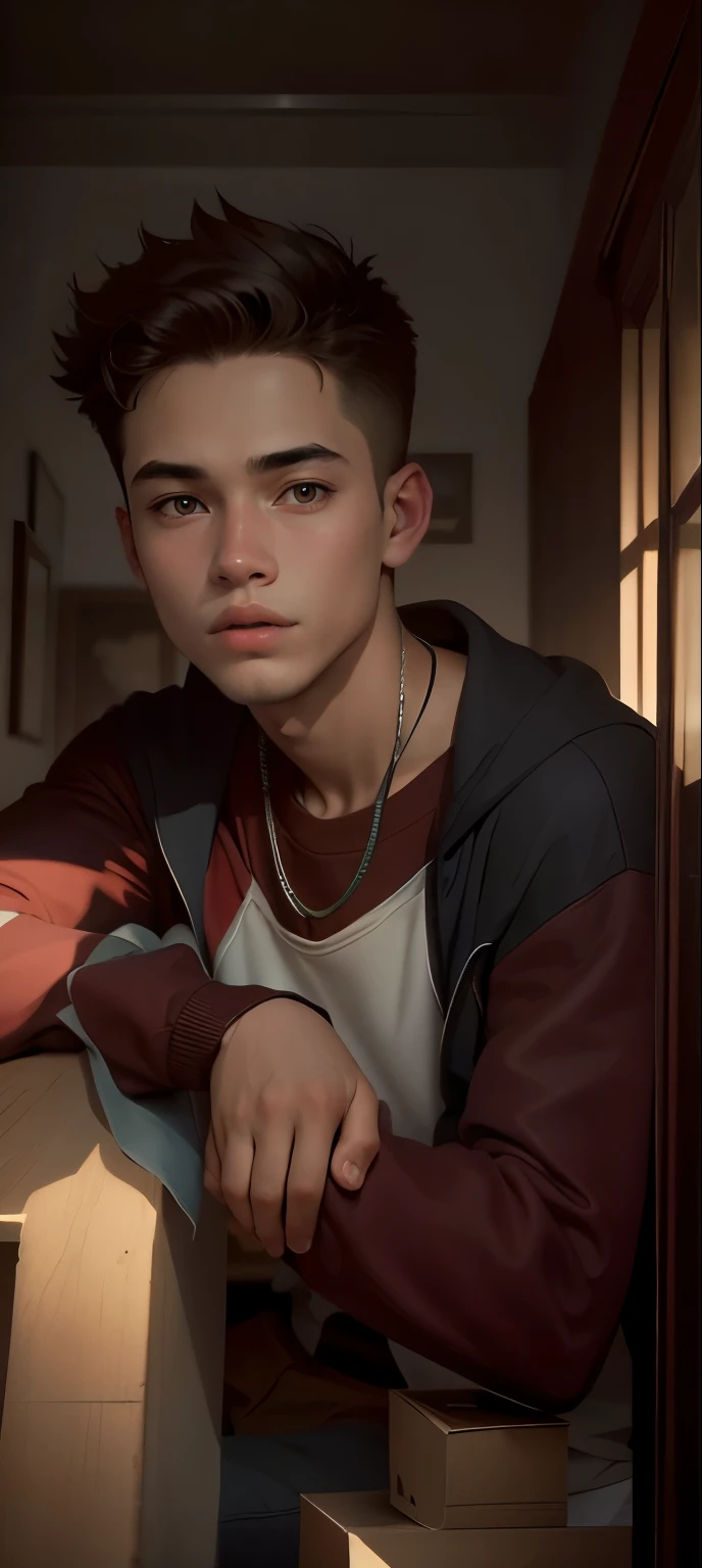 Masterpiece, detailed picture, 18-year-old guy, upper-body, Wearing a sweatshirt, empty background.