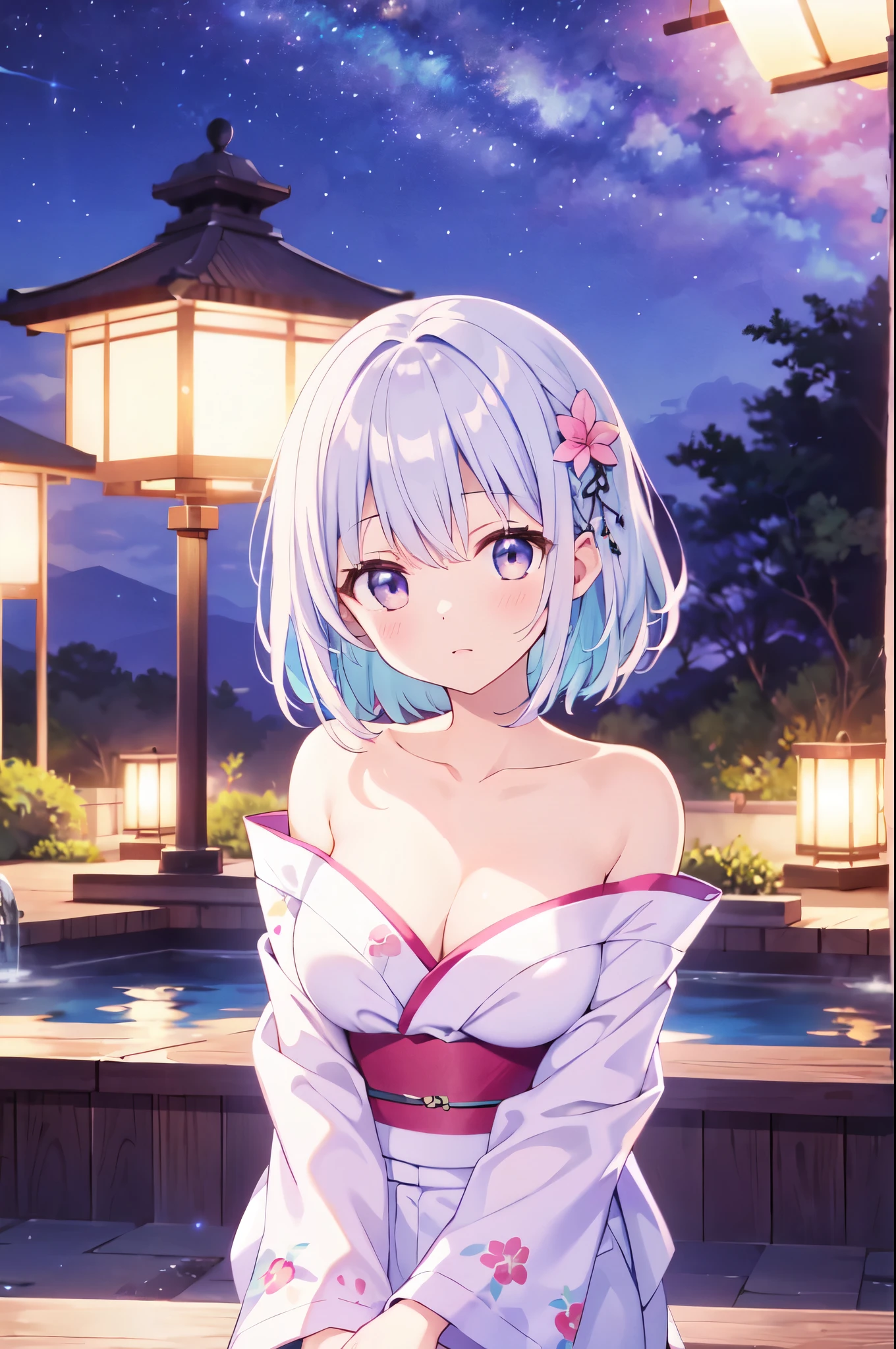 （masterpiece）、(highest quality)、((Super detailed))、(super delicate)、pastel colored hair、beautiful breasts、yukata、Hot spring at night、fantastic starry sky