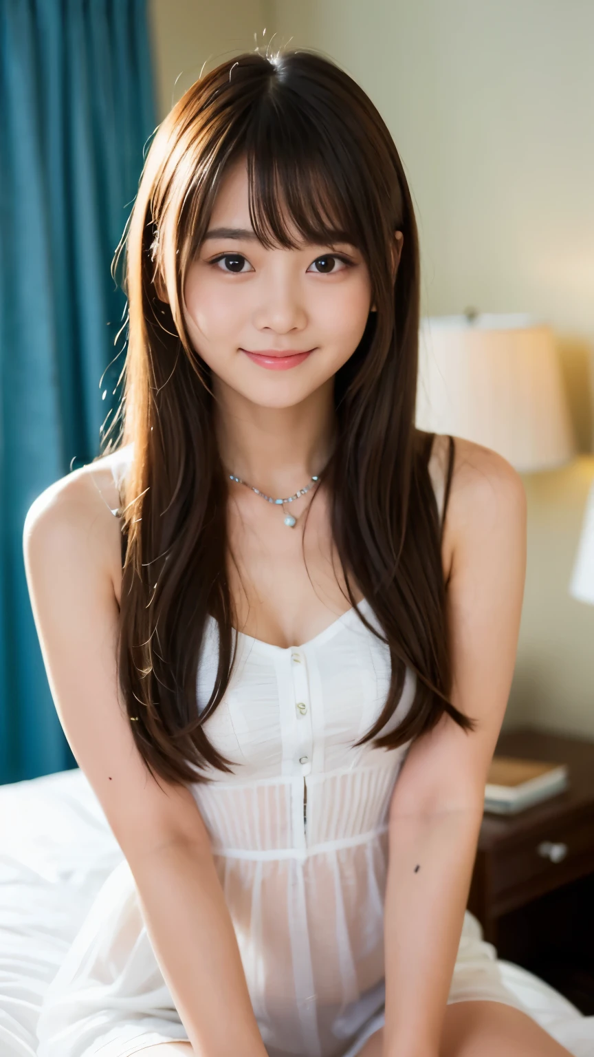 Best-quality, Masterpiece, Ultra-High-Resolution, (Photorealistic:1.4), Raw-Photo, at hotel-room, 1girl, 15-years-old, the most famous Japanese idol, wearing only extremely see-through dress, (extremely cute face like the most popular Japanese idol), (extremely beautiful hair), (((extremely beautiful big-eyes))), extremely beautiful skins, extremely beautiful body, innocent-smile, looking at viewer, detailed see-through-dress