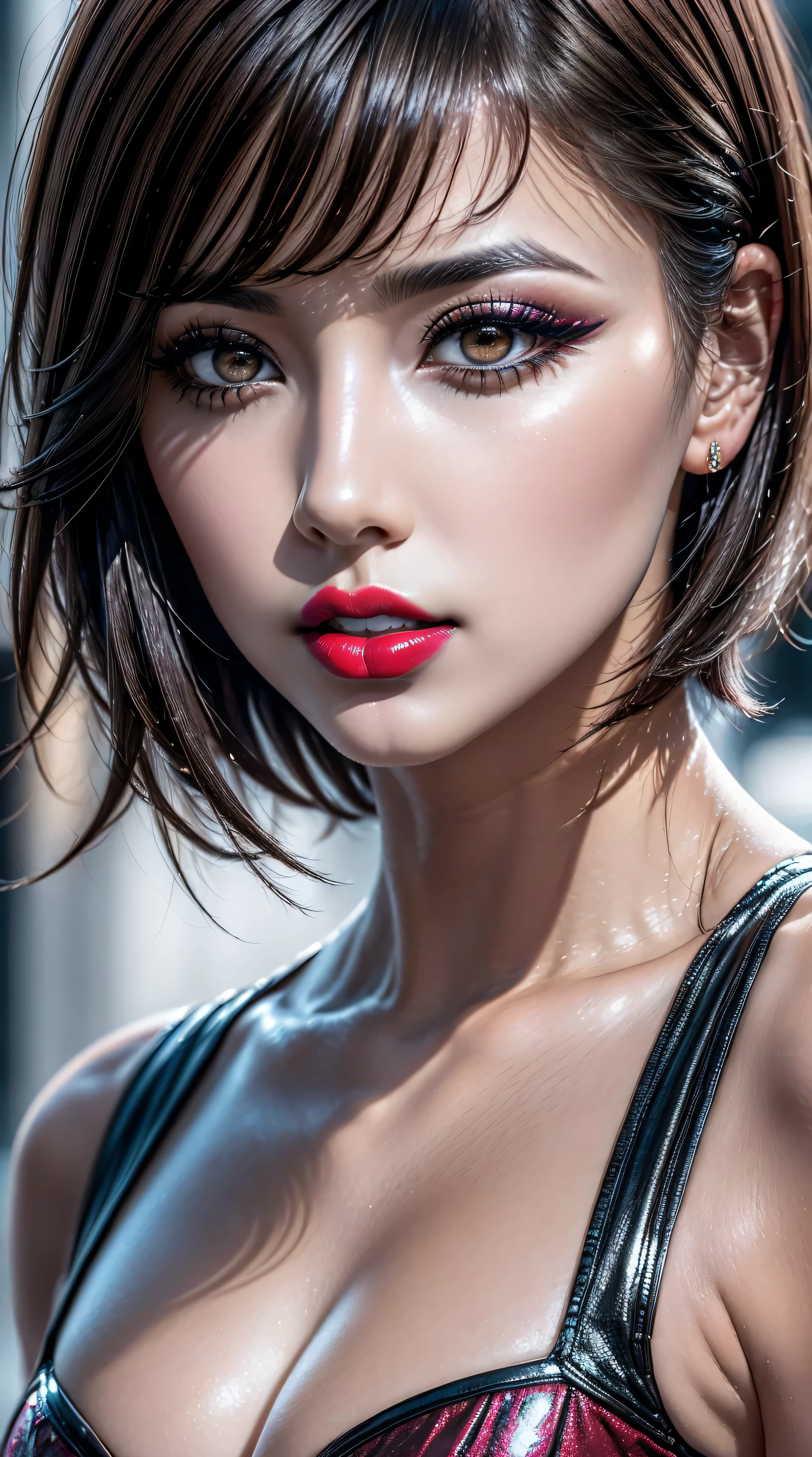 ((perfect round eyes))、dressed, (details of a very beautiful face)(best quality:1.4)16k resolution,(photo realistic:1.65), (realistic:1.65), (smoother lighting:1.05), (increase cinematic lighting quality:0.2), 16k, (1girl:1.4) 21years old、fashion supermodel、realistic lighting, backlighting, light on face, ray trace, (brightening light:1.1), (Increase quality:1.3), (best quality real texture skin:1.2), (ultra detailed eyes), finely detailed face, ((finely quality eyes)), (tired and sleepy and satisfied:0.0), ((face closeup:1.1)), (detailed lips:1.33)、(Detailed nose:1.2)、(Increase body line mood:1.1), (Increase skin texture beauty:1.3), (small head: 1.4)、(slim face), ((anatomically correct)), pink_makeup:1.38, long_blue_eyeliner:1.42, (red_lipstick:1.32), perfect dark_eyeshadows:1.35, there a close up of a woman's, (super detailed makeup on eyes:1.3), iridescent eyes, with professional makeup, vibrant eyes:1.2, ((Glamour, paparazzi taking pictures of her), (very complicated Extravagant street outfit), The attention to detail, Double eyelids, Wear an off-the-shoulder top, full bodyesbian，((dark short hair:1.43)), ((brown_eyes:1.44)), contrast、 (dark shot:1.08)、 UHD, Extremely detailed, voluminetric warm lighting,