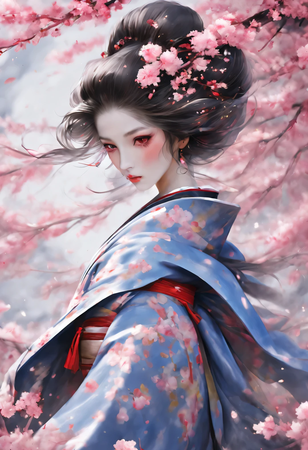 Geisha stands gracefully under the cherry blossoms, Red cherry blossom petals fall one after another,
White makeup on a girl’s face without highlights and shadows. The entire white foundation covers the face and neck. Red lip makeup is a small mouth area that is smaller than normal lips. Thick eyeliner can highlight the outline of the eyes, Strengthen eyes, And make the pupils appear dark and deep. Straight eyebrows are eye-catching but not stiff, Make the whole face clean. Typical Japanese Geisha makeup,
Wearing a gorgeous kimono embroidered with black and gold cherry blossoms, This is a long-sleeved kimono, Wearing Japanese clogs,
background: Deep alley under moonlight, deep pink and blue,
Surrealism, Realistic depiction of light and shadow, Real and exaggerated photos, super high quality, Super details, movie shot, shallow view deep,