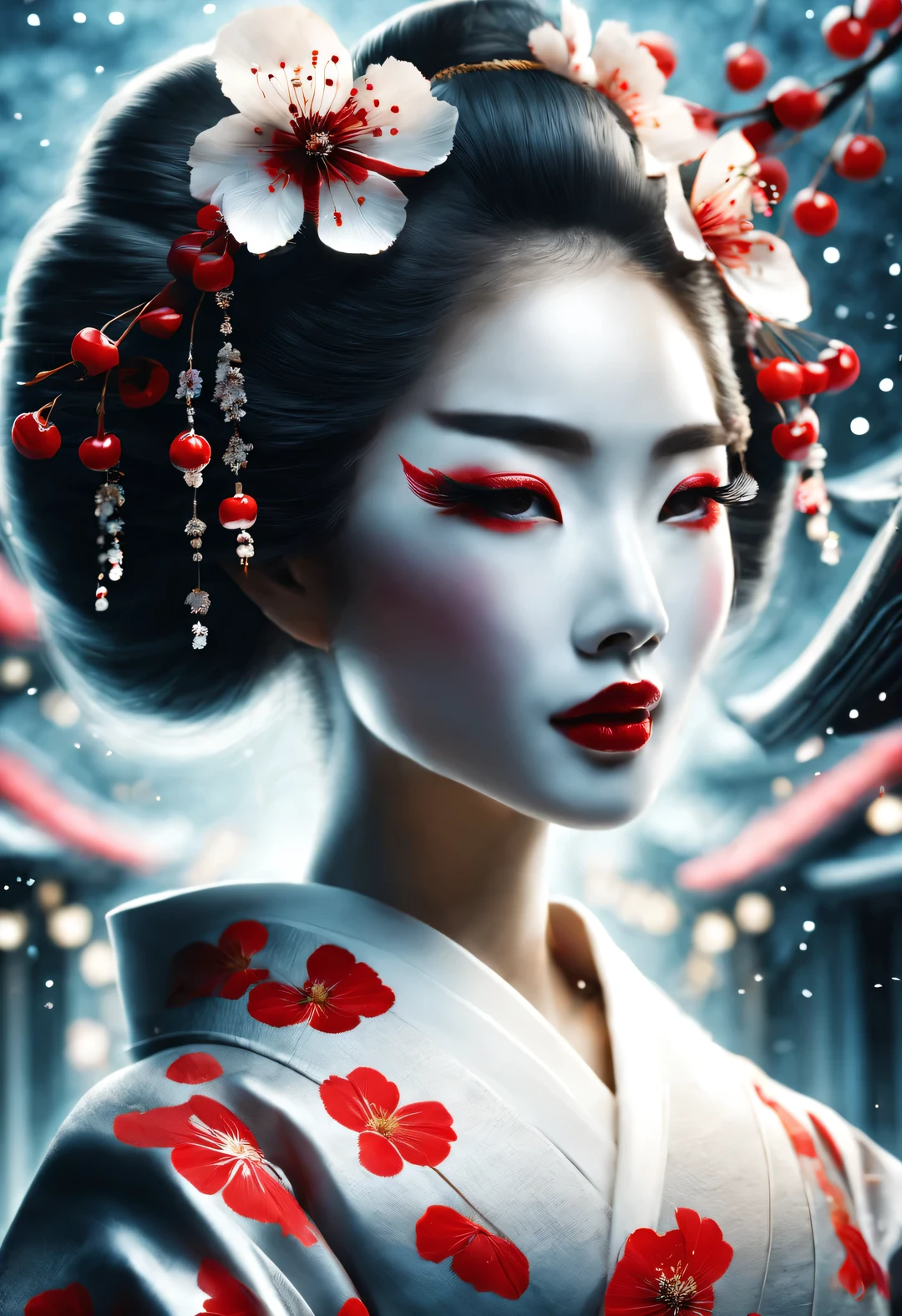 Geisha stands gracefully under the cherry blossoms, Many red cherry blossom petals are falling. White base makeup on girl&#39;s face without highlight and shadow decoration.. The entire white foundation covers the face and neck. Red lip makeup is a small mouth area that is smaller than normal lips. Thick eyeliner can highlight the outline of the eyes, Strengthen eyes, And make the pupils appear dark and deep. Straight eyebrows are eye-catching but not stiff, Make the whole face clean. Typical Japanese Geisha makeup,
Wearing a gorgeous kimono embroidered with black and gold cherry blossoms, This is a long-sleeved kimono, Wearing Japanese clogs,
Deep streets under the moonlight, White and black,
Surrealism, Realistic depiction of light and shadow, Real and exaggerated photos, super high quality, Super details, movie shot, shallow view deep,
Surrealism, Realistic depiction of light and shadow, Real and exaggerated photos, super high quality, Super details, movie shot, shallow view deep,