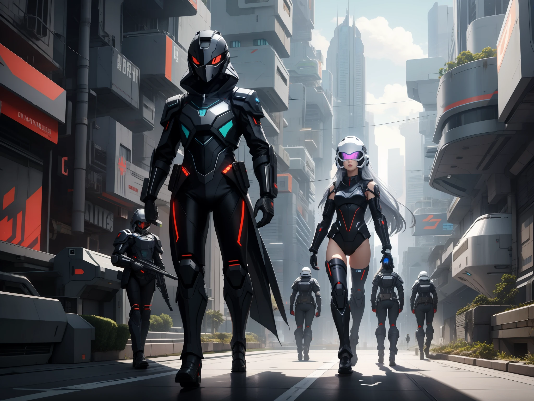 mutilple futuristic soldiers, males with long pants and females with long hair wearing leotards and have thick bare legs, cyberpunk, helmet, mask, glowing eyes, gloves, white armor, boots, holding rifles, standing, patrolling, city, cowboy shot, walking