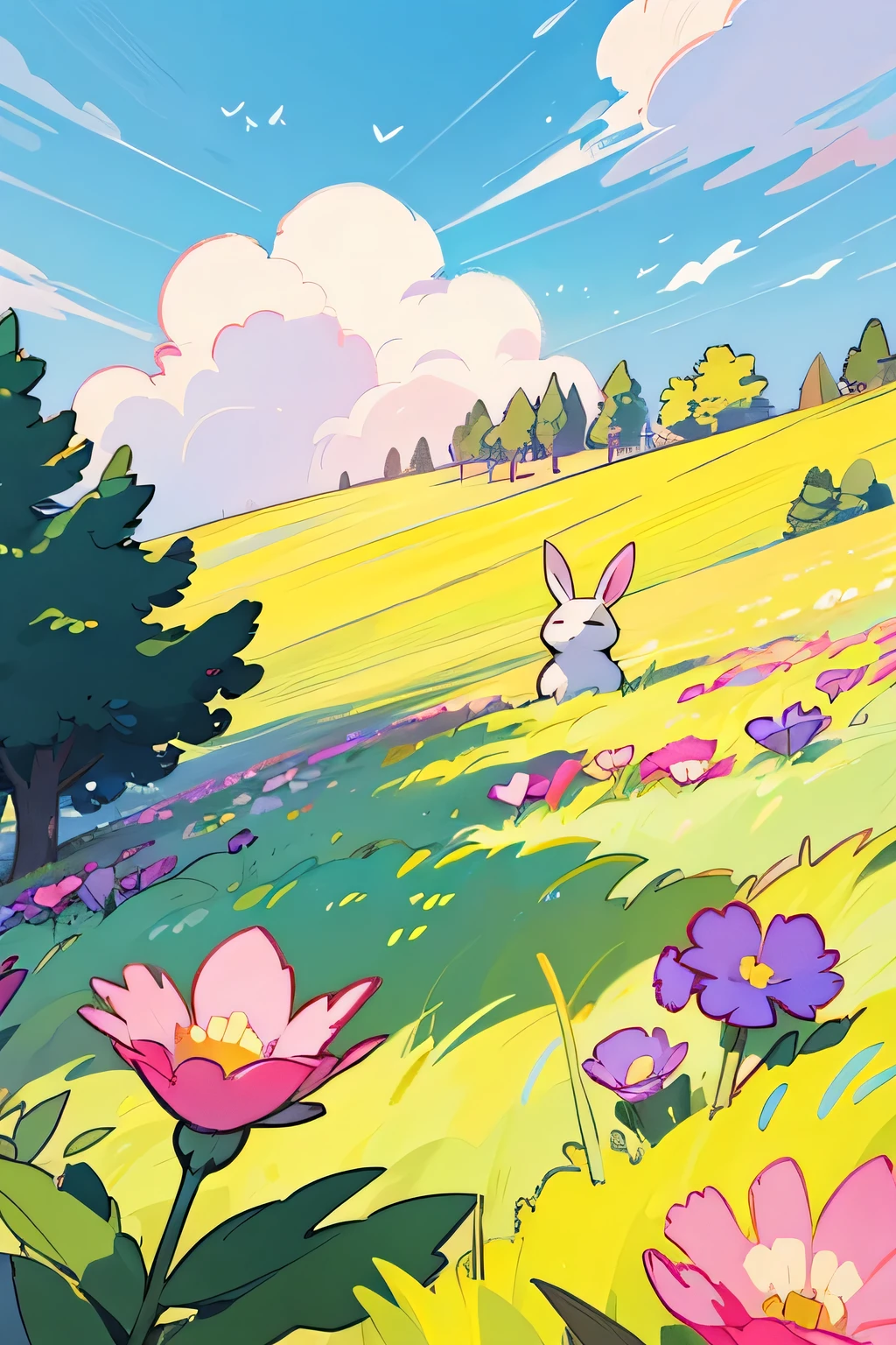 a picture sketch for happy rabbit on the hill, pastel colors, positive, wind, sunshine, clouds, small butterflies, trees, flowers
