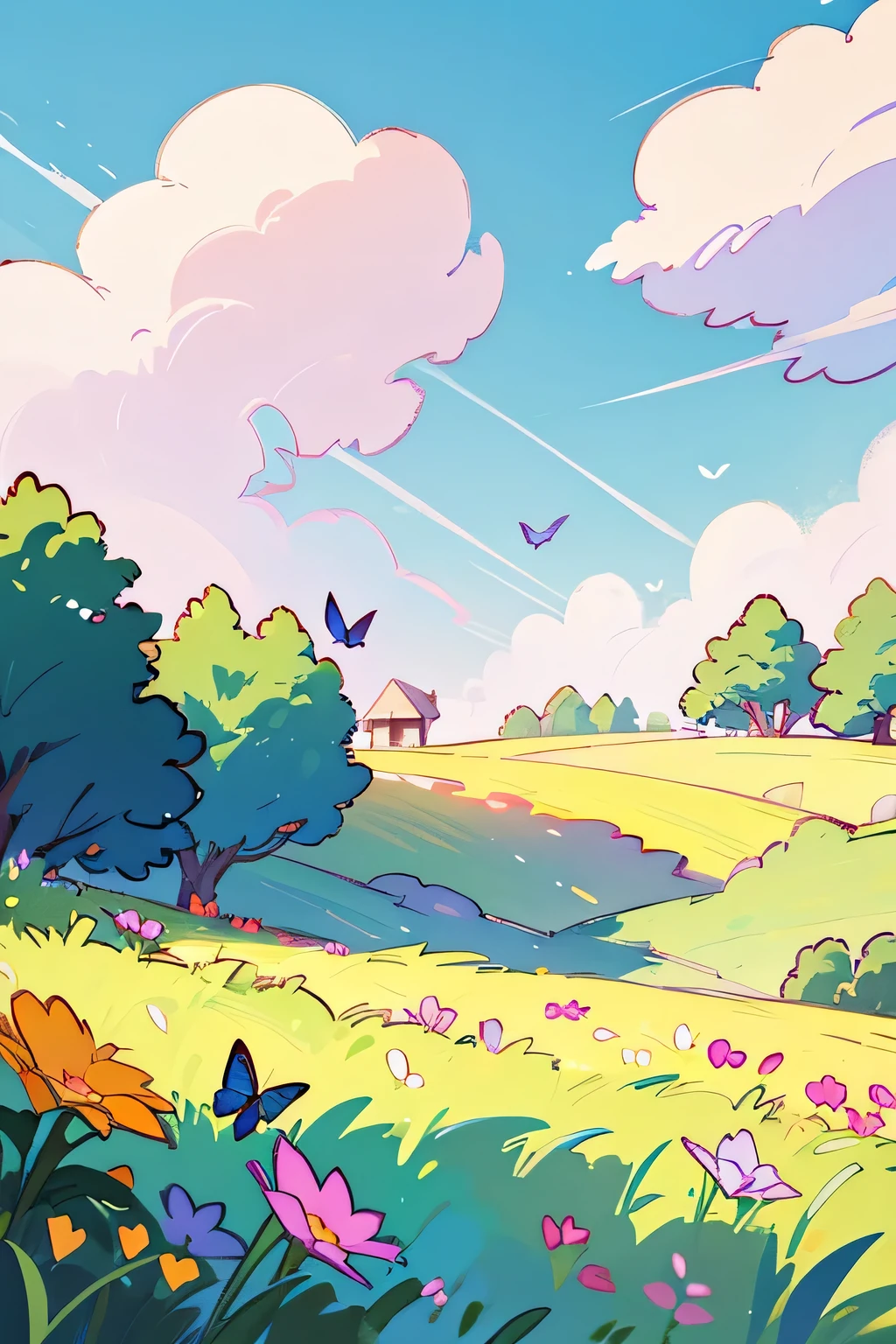 a picture sketch for happy rabbit on the hill, pastel colors, positive, wind, sunshine, clouds, small butterflies, trees, flowers