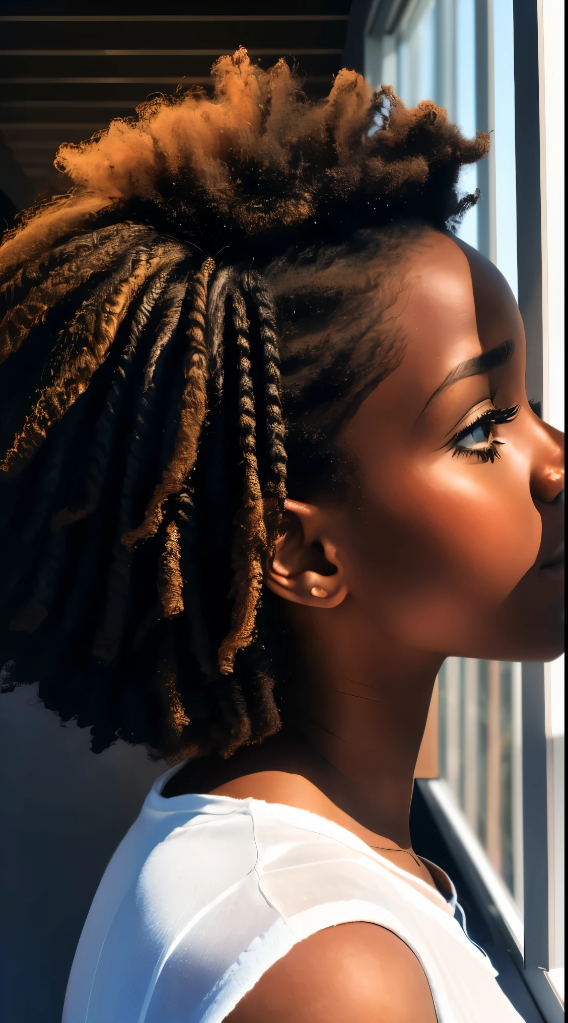 peinture d'a woman with curly hair in her hair, inspiré par Chinwe Chukwuogo-Roy, jolie fille noire, African-American girl, adolescente noire, assis près d’une fenêtre, naturel_light, portrait à l'aquarelle, tendance sur l'artstration, scowling, apathique, shiny curly braids, Very detailed, 8K, UHD