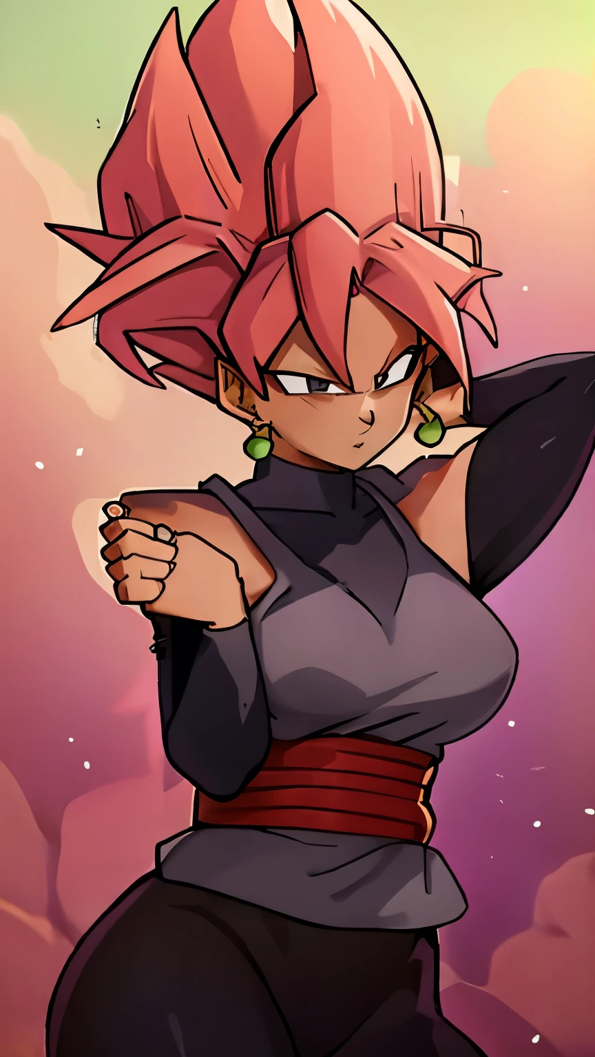 ((masterpiece, best quality)),(complex light), 1female,solo,upper body, goku black,black goku hair,black eyes, green potara earrings, large breasts, wide hips, curvy, thin waist, Black gi, red martial arts belt, solo girl, armpits, arms up, large breasts, wide hips, curvy, thin waist, slingshot swimsuit, abs, muscular female, beach background, sexy