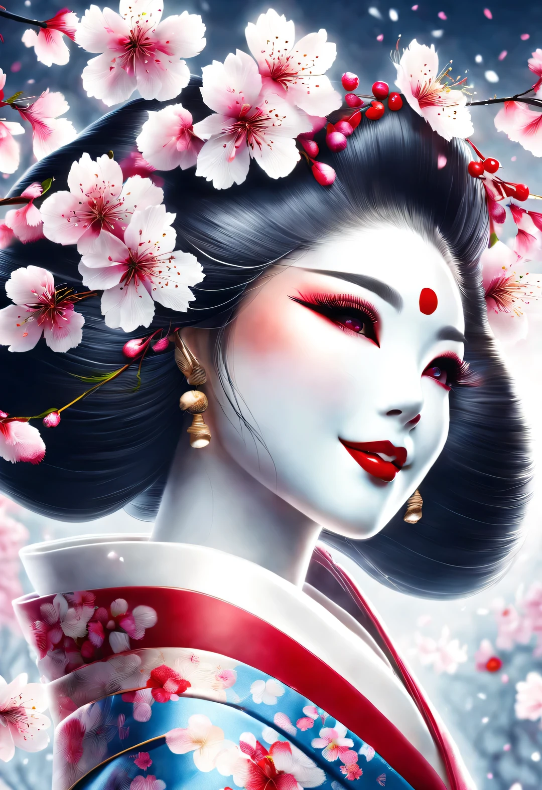 (Under white cherry blossoms，Geisha stands gracefully, Look back and smile: 0.85), (many, many white cherry blossom petals are falling one after another),
White base makeup on girl&#39;s face without any highlight or shadow decoration. All-white makeup covering face and neck. Red lip makeup is a small mouth that is smaller than the normal lip area. Thick eyeliner can emphasize the eye contour, Strengthen eyes, Pupils appear dark and deep. One-line eyebrows are eye-catching without being harsh, And the whole face is clean. Typical Japanese Geisha makeup,
(Wearing a gorgeous kimono embroidered with black and gold cherry blossoms: 0.8), Long-sleeved kimono, Wearing Japanese getas,
background: under the sunset, many red cherry blossom petals fall one after another, deep pink and blue,
Surrealism, Realistic depiction of light and shadow, Real and exaggerated photos, super high quality, Super detailed details, movie shot, shallow view deep,