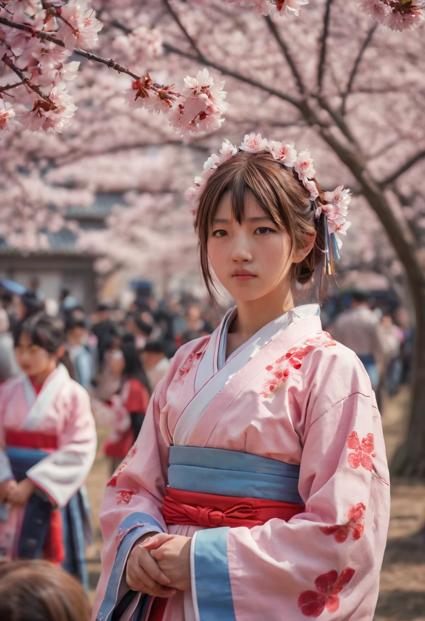 cinematic still, Sakura Maiden, girl, festival, noon, junoesque, masterful, 35mm photograph, emotional, harmonious, vignette, highly detailed, high budget, cinemascope, epic, gorgeous, best quality, masterpiece, Representative work, official art, Professional, Ultra intricate detailed, 8k