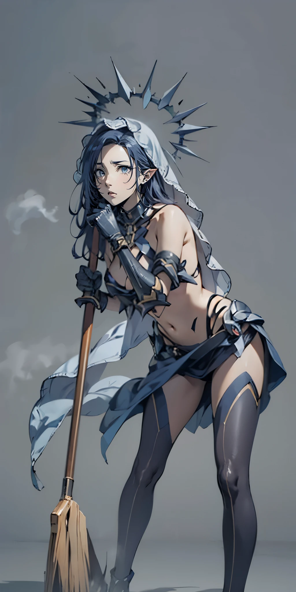 long hair, dark-blue hair, pointy ears, anatomically correct, 1girl, pantyhose, breasts, standing, looking_at_viewer, leaning_forward, holding, broom, "glow effects, godrays, Hand drawn, render, 8k, octane render, cinema 4d, blender, dark, atmospheric 4k ultra detailed, cinematic, Sharp focus, big depth of field, Masterpiece, colors, 3d octane render, 4k, concept art, trending on artstation, hyperrealistic, Vivid colors, extremely detailed CG unity 8k wallpaper, trending on CGSociety, Intricate, High Detail, dramatic", anime coloring, anime screencap, sweating, steaming body, fog, outfit-origami, halo, veil, navel, elbow gloves,