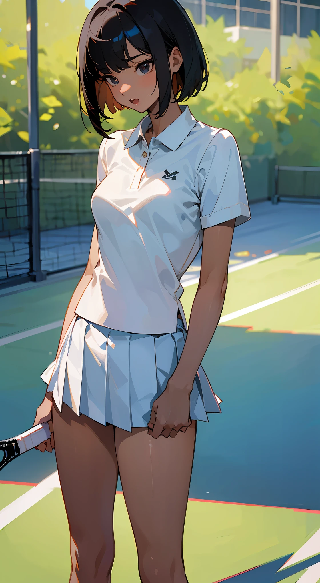 ((Masterpiece)), ((Best Quality)),Ultra High Resolution, Caustics, Detailed, (Beautiful Detailed Eyes),Perfect Anatomy,20 year old beauty、Japanese、black hair,short bob hair,black eyes,small open mouth、shy look、small head:1.2,slender body:1.2,ideal ratio body proportions,medium breasts,tan skin,gleaming skin,oily skin,shiny skin,((tennis uniform、white polo shirt、White pleated mini skirt)),outdoors、Tennis court、