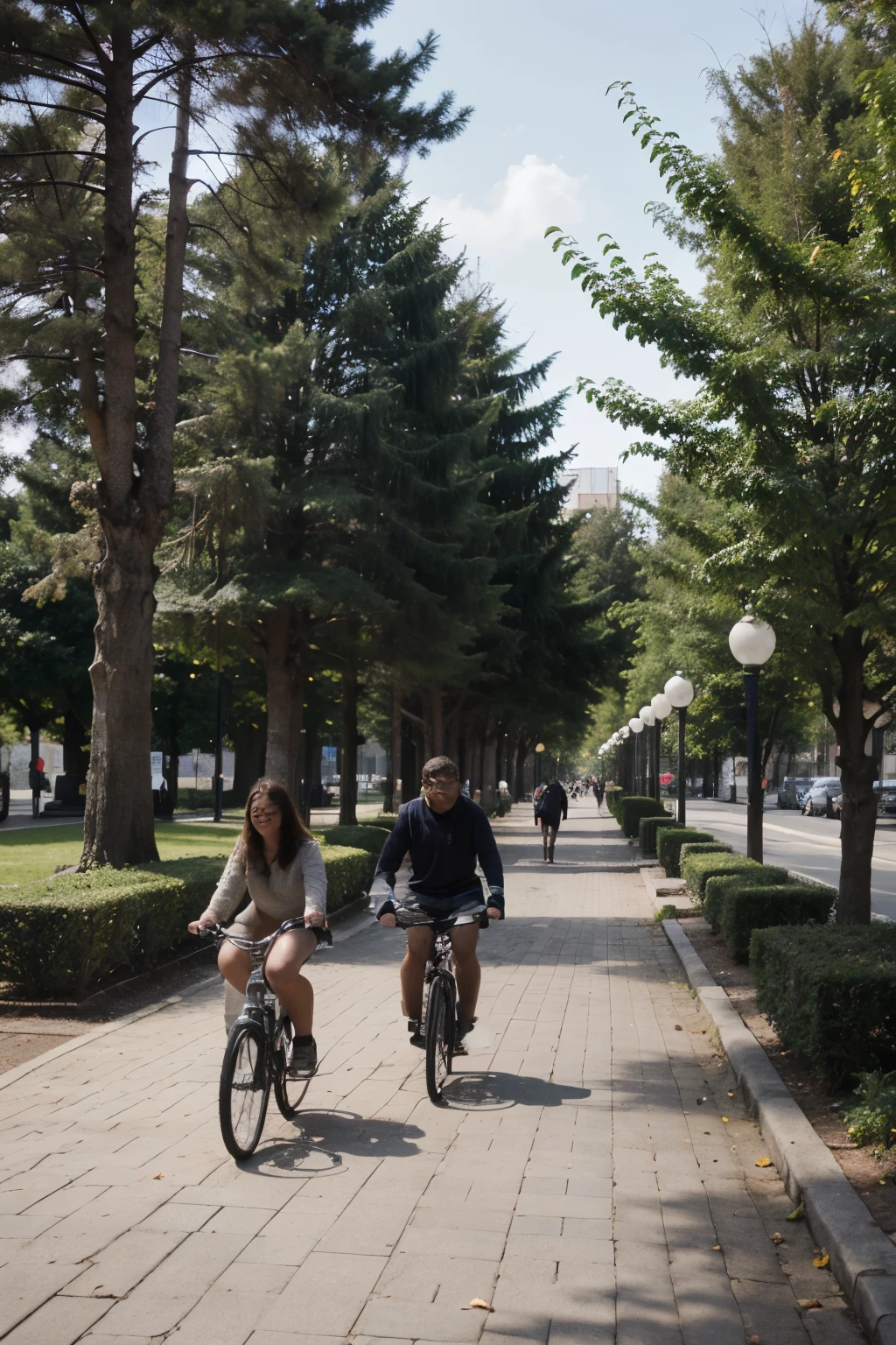 Modern park with many trees, modern lamps, sidewalks, people walking and children riding bicycles and houses around