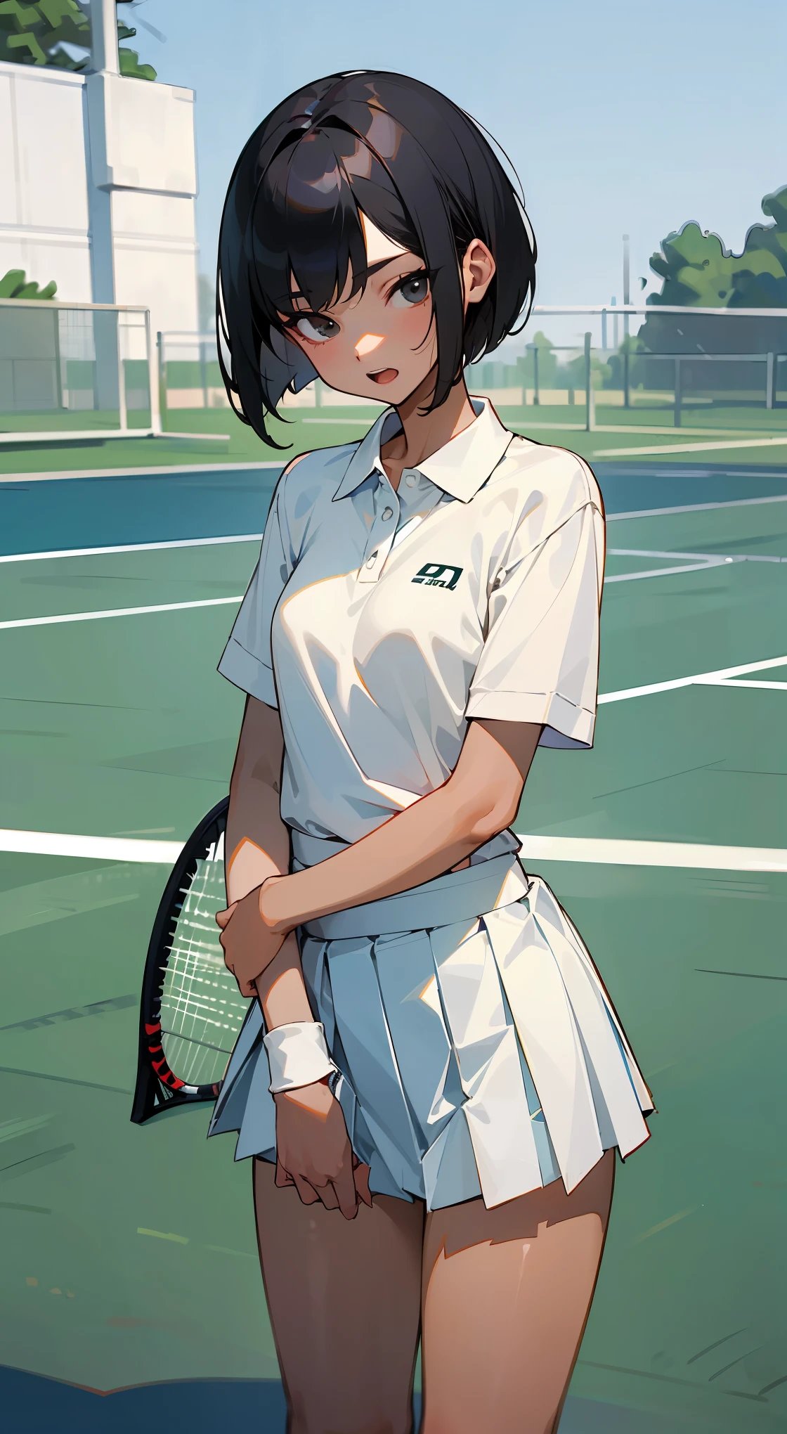((Masterpiece,Best Quality)),Ultra High Resolution, Caustics, Detailed, Beautiful Detailed Eyes,Perfect Anatomy,20 year old beauty、Japanese、black hair,short bob hair,black eyes,small open mouth、shy look、small head:1.2,slender body:1.2,ideal ratio body proportions,medium breasts,tan skin,gleaming skin,oily skin,shiny skin,standing,((tennis uniform、white polo shirt、White pleated mini skirt)),outdoors、Tennis court、