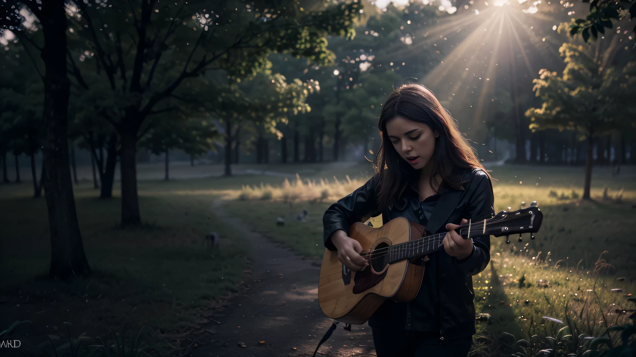 a cat with a passion for music, playing a guitar and singing with all its heart. The HD rendering captures every emotion on its face, while the 3D rendering adds depth and dimension to the scene. The addition of fog and bioluminescent flames creates a mystical atmosphere, making this image truly unique and visually stunning., backlighting, multiple monochrome, motion lines, speed lines, Hyperrealism, Impressionism, lens flare, overexposure, Eye-Level Shot, Hasselblad, first-person view, overexposure, HD, 4K, 8k, 16k, best quality, highres, award winning