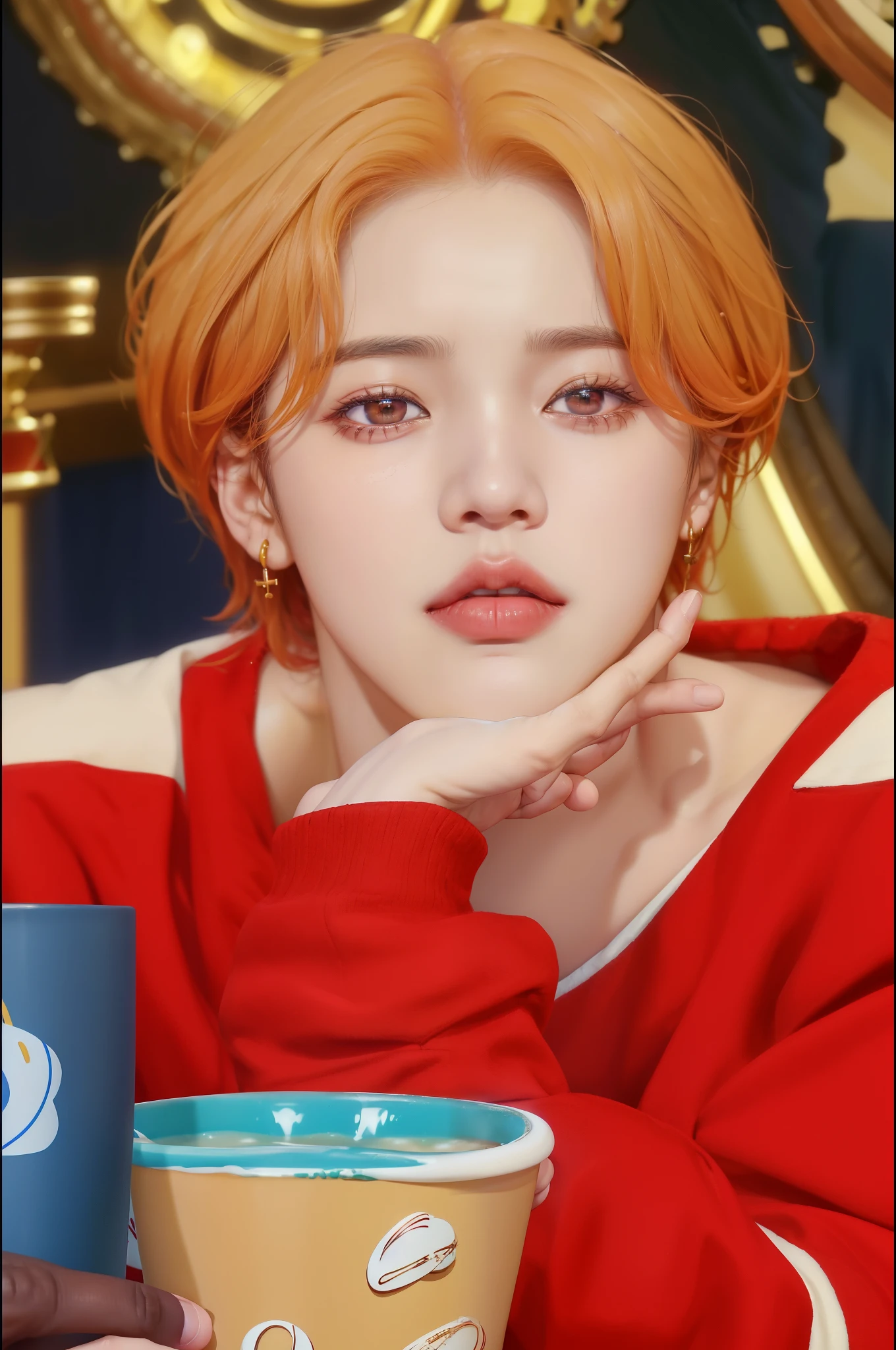 Arafed photo of a young man in a red sweater and a cup of coffee., Jimin\los labios carnosos, Jimin\'s grecian nose, accurate Jimin face, park Jimin, Jimin\his right eyelid is swollen, Jimin, Jung Jaehyun, cai xukun, kim doyoung, todos del grupo nct, jia, yanjun chengt